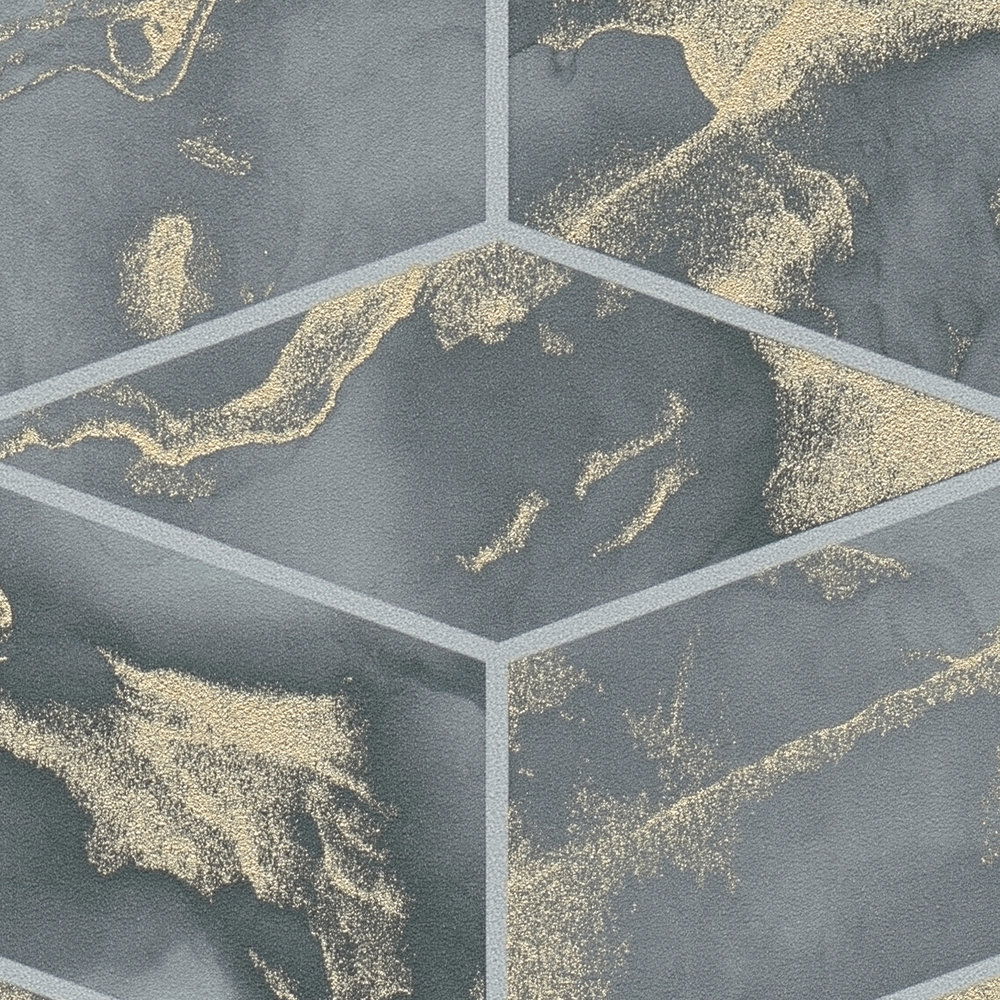             Marmer behang tegel look met goud accent - grijs, groen, metallic
        