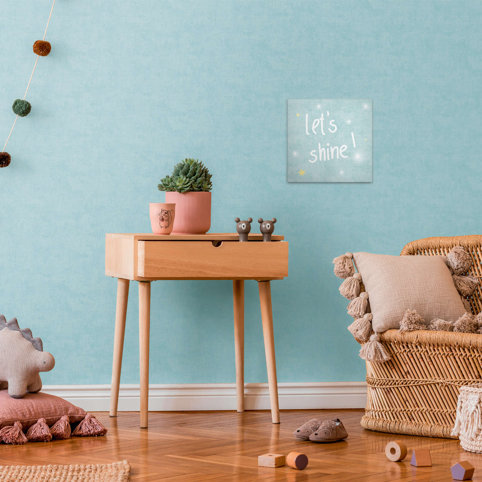             Kinderzimmer Leinwandbild Lets Shine - Inspirierende Wanddekoration mit funkelndem Schriftzug – 30 x 30 cm - Blau, Gelb
        