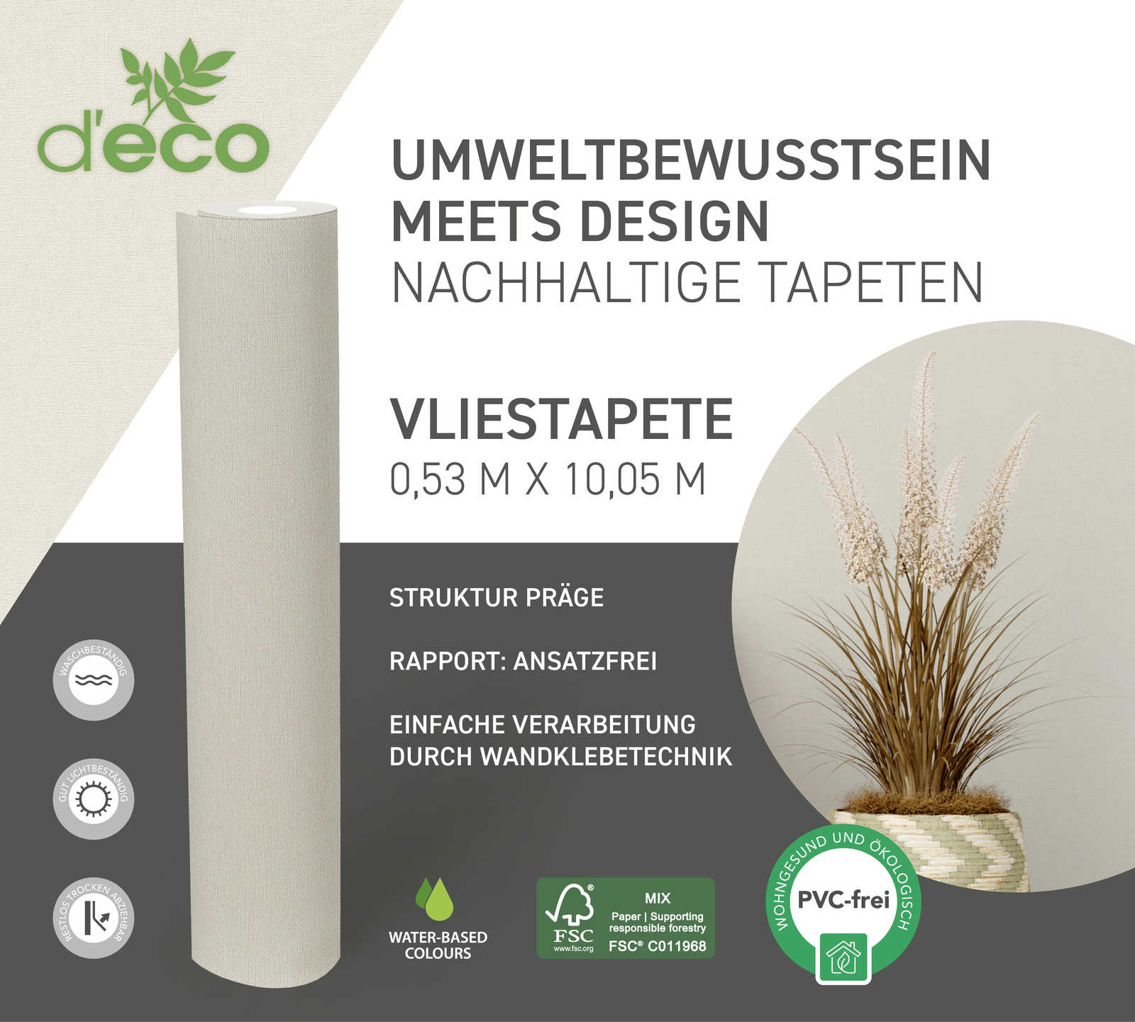             Leinenoptiktapete einfarbig PVC-frei – Beige
        