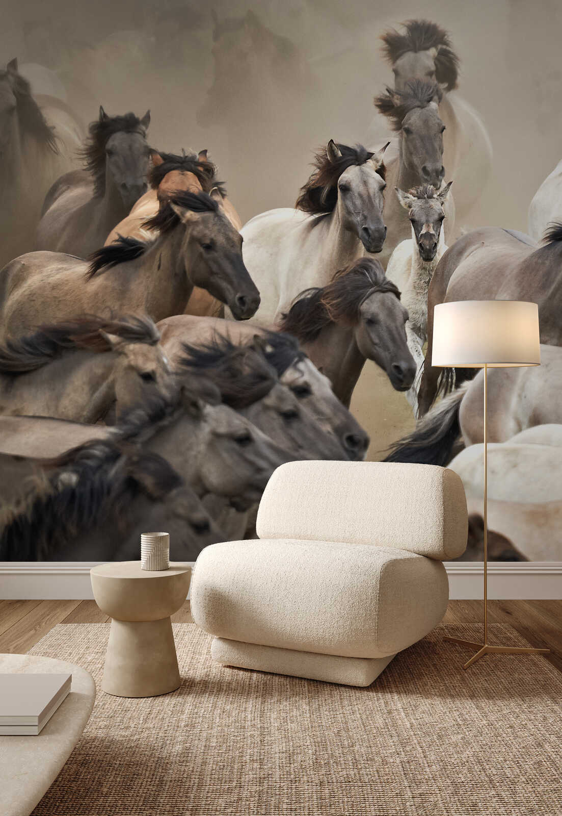 pferde mural, wildpferde, wandtapete, neutraler stil, moderne lounge