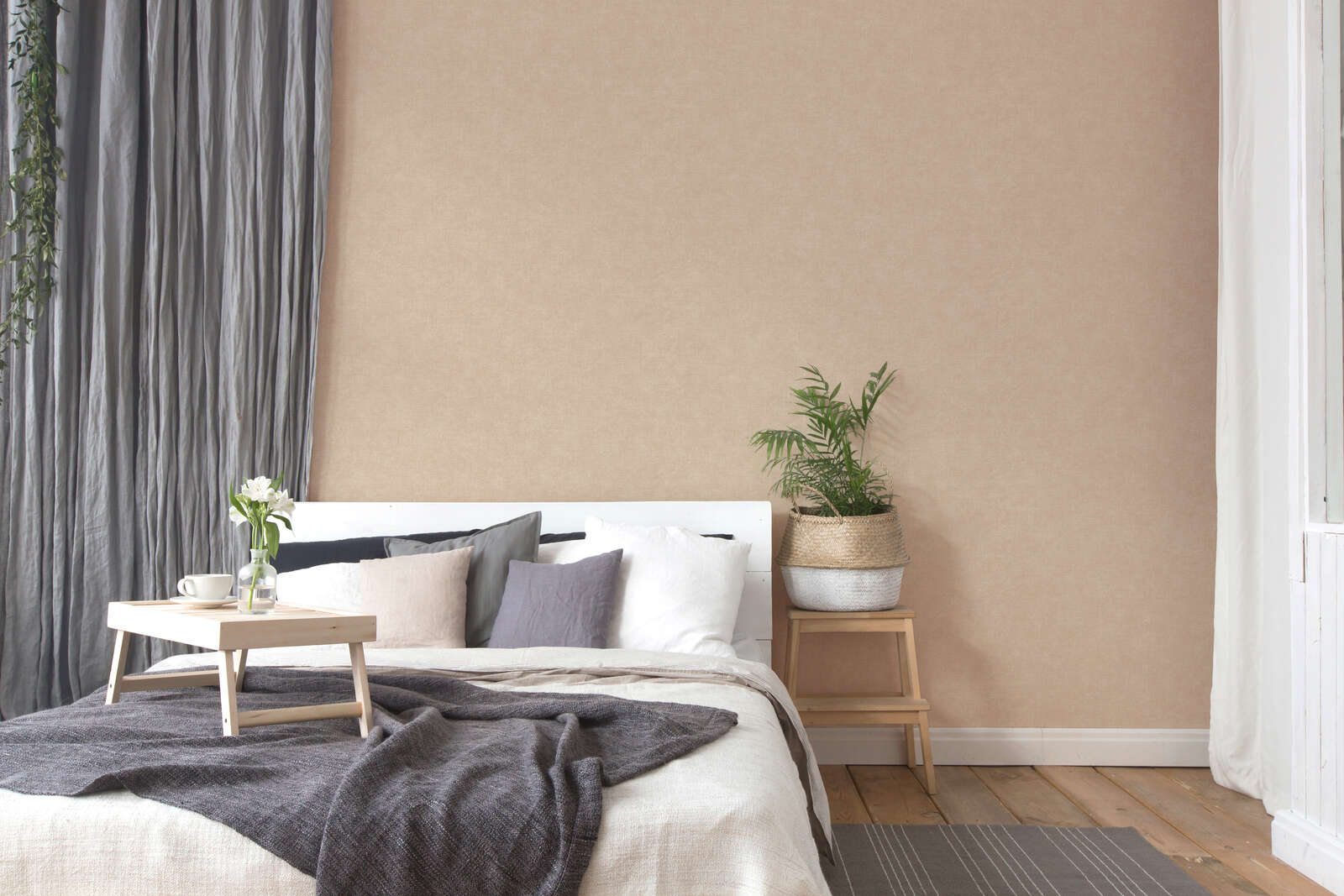 bett, schlafzimmer, wandtapete, kaktus pflanze, nachttisch