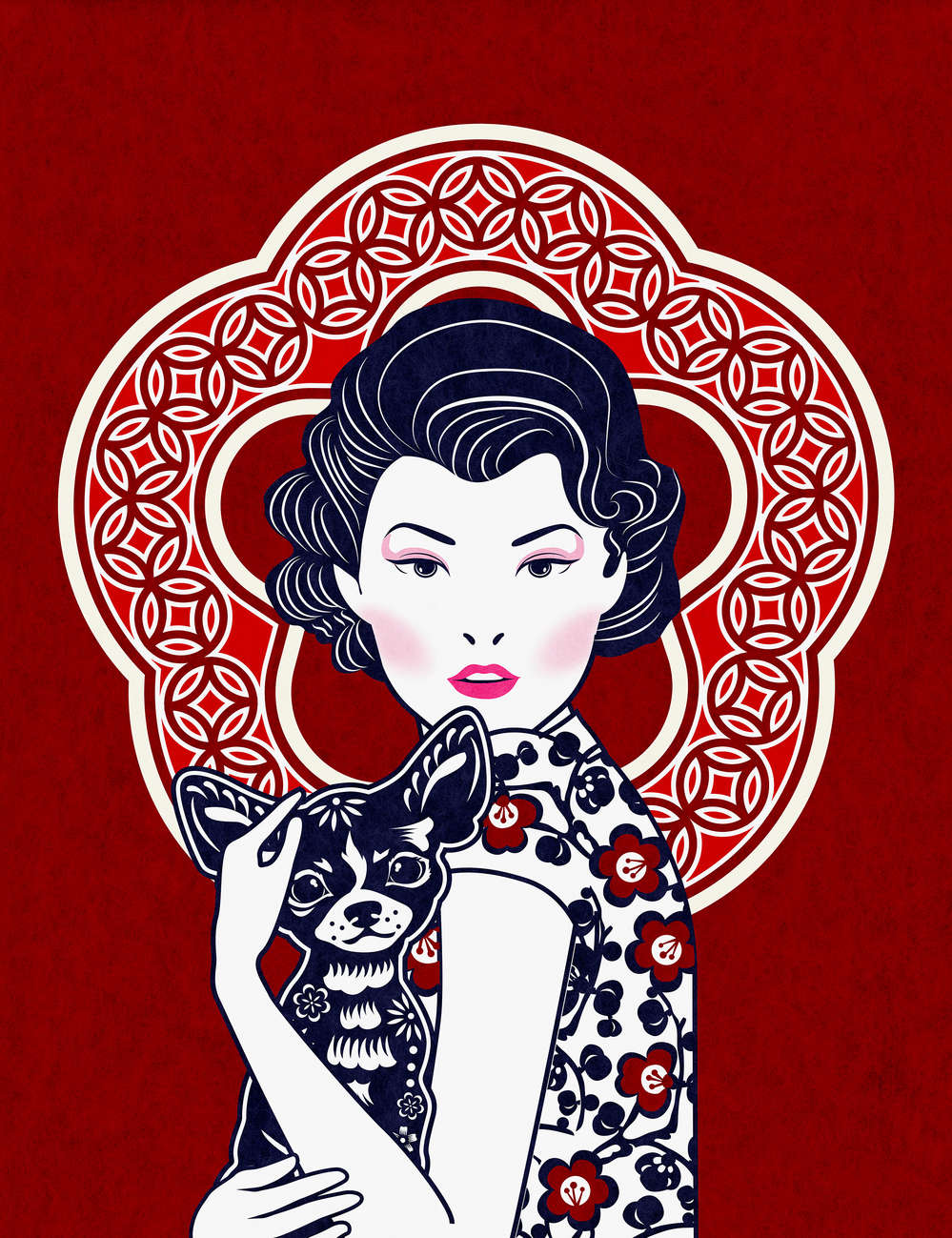kimono, blume, floral, französischer bulldogge, hintergrundrot