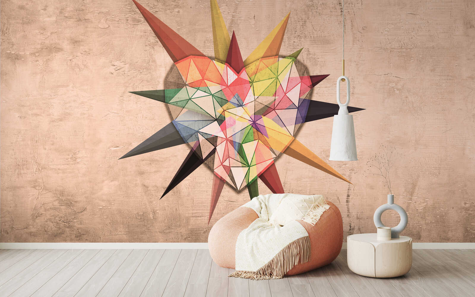 geometrische wandkunst, herz-motiv, multicolor, wanddeko, bodenstuhl