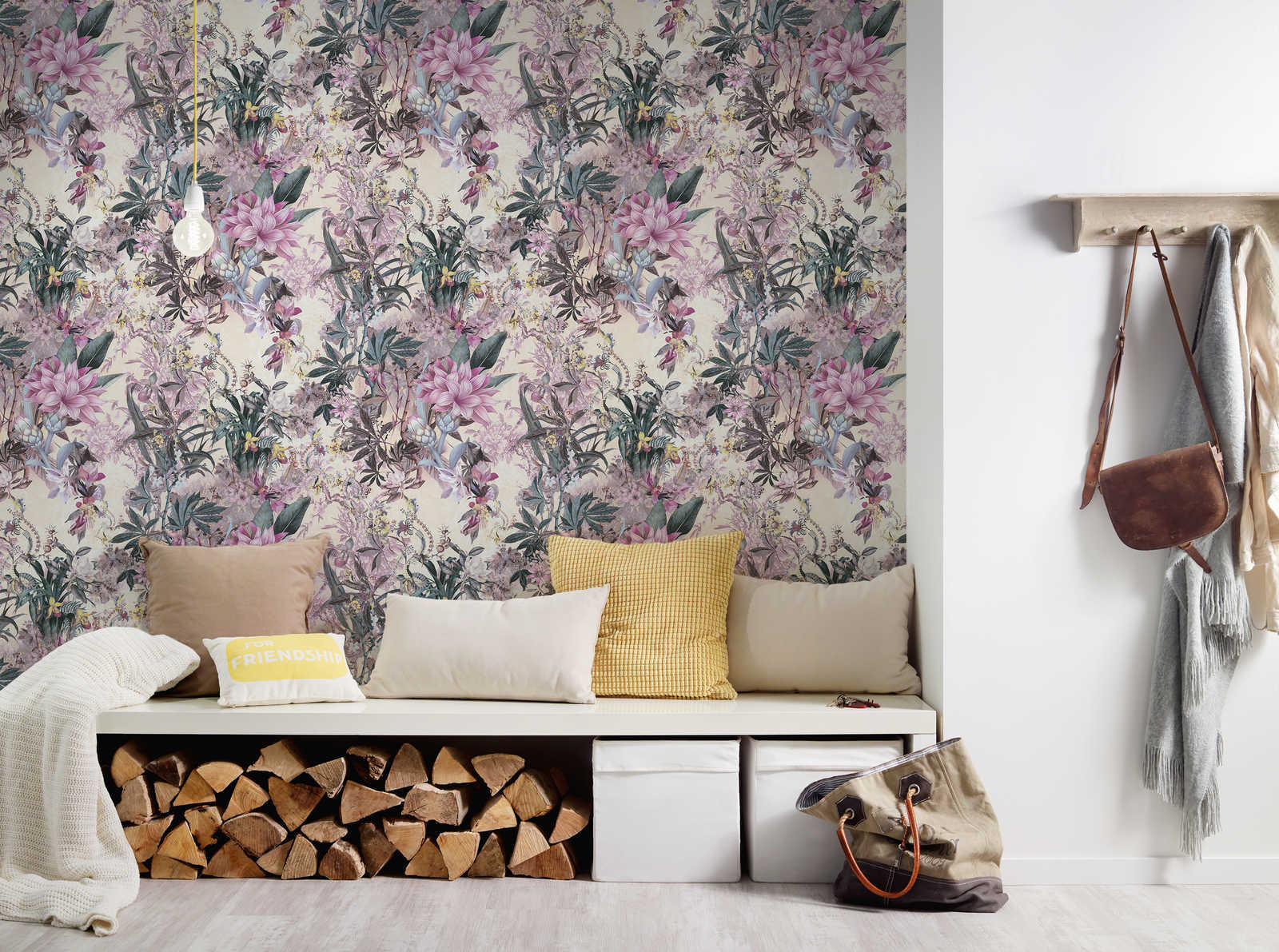             Blumentapete moderner Kolonialstil – Rosa, Grün
        