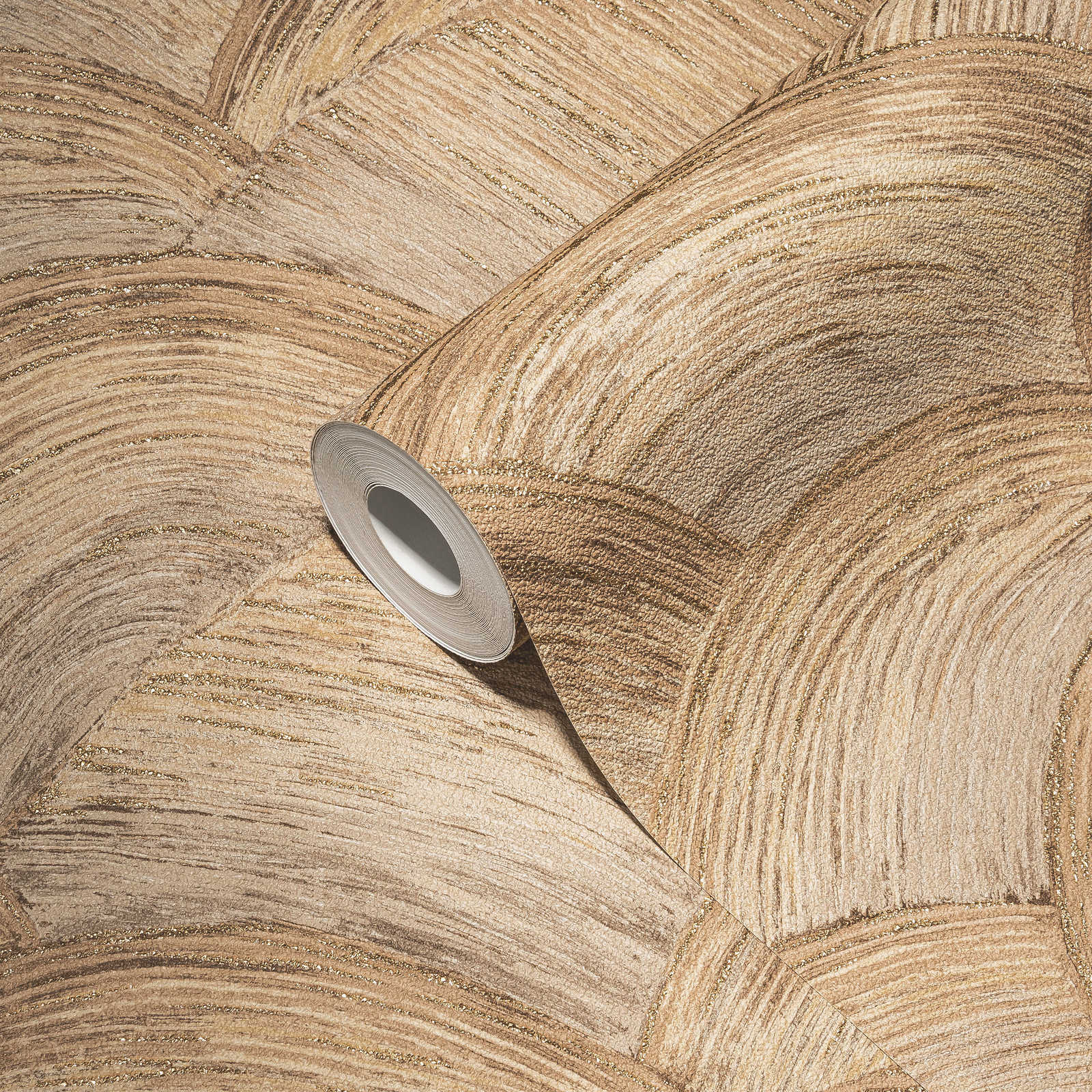             Vliesbehang met glanzend golfpatroon - beige, bruin, goud
        
