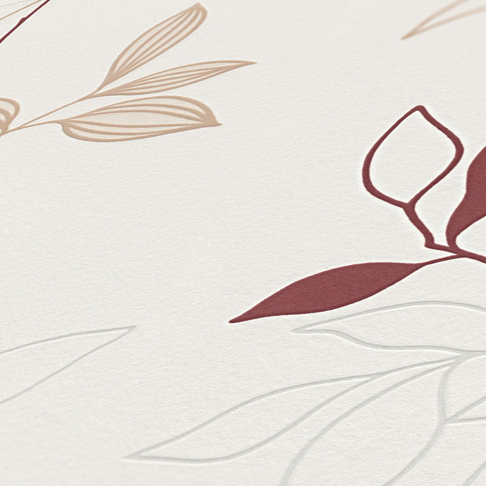             Tapete Blätter Muster strukturiert, farbige Akzente – Rot, Creme
        