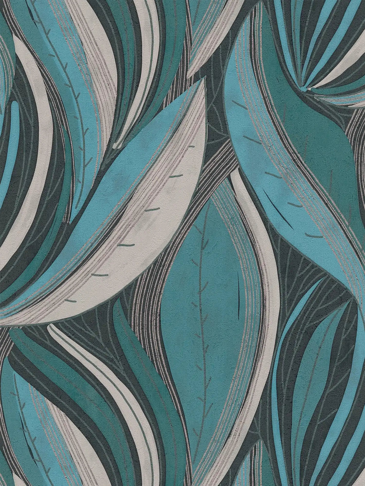 Dunkle, ausdrucksstarke Vliestapete mit Blattmotiv und feiner Struktur – Blau, Hellgrau, Silber