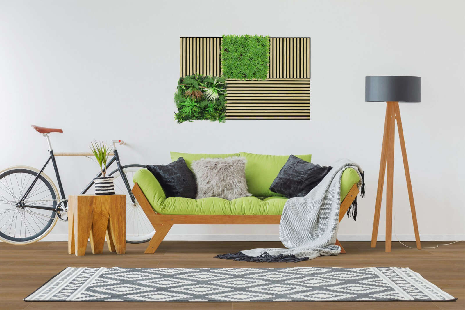 wohnzimmer, sofa, grün, bodenlampe, teppich