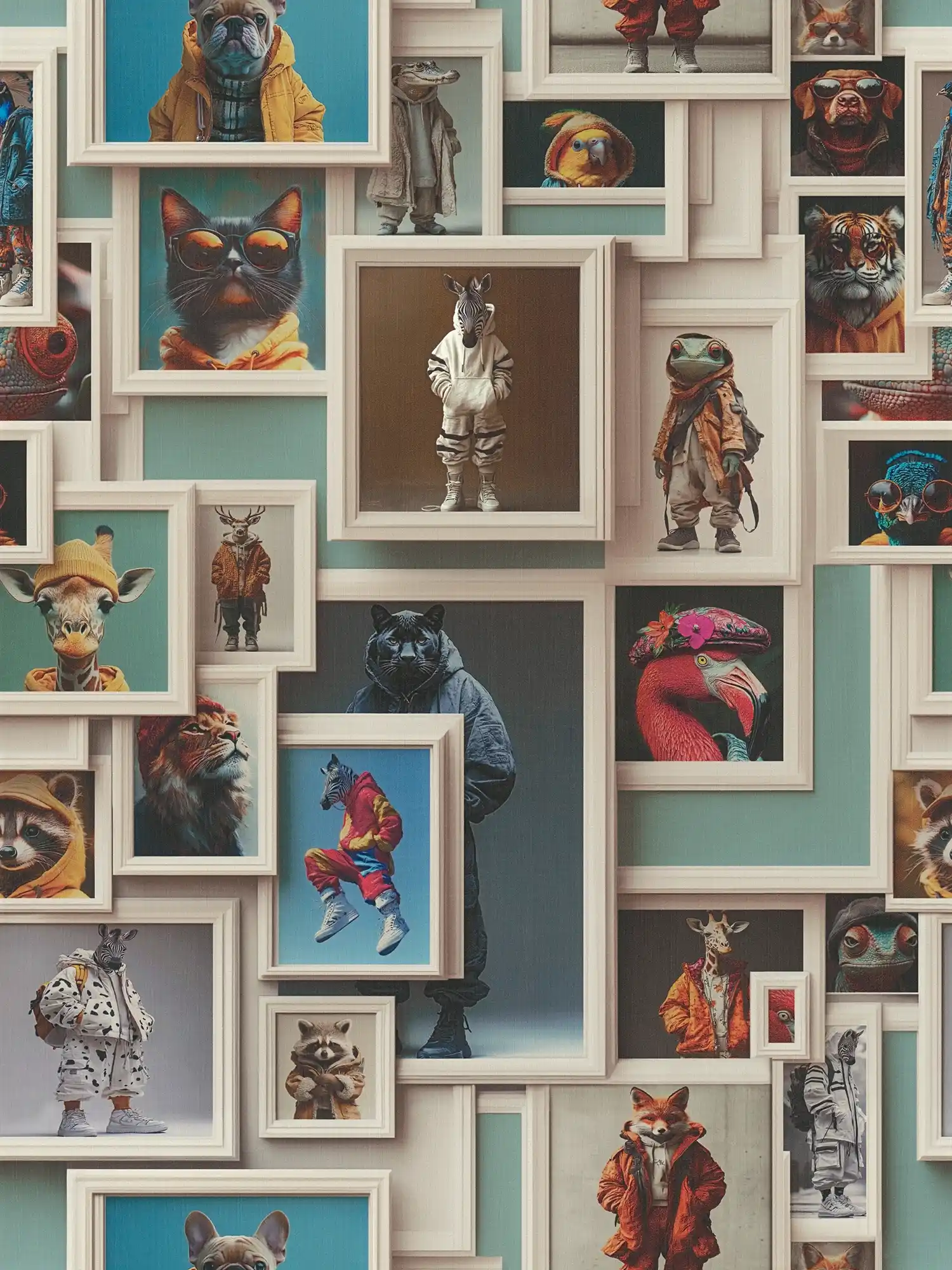         Non-woven wallpaper with creative picture collage and artistic animal portraits in matt look - beige, brown, blue
    