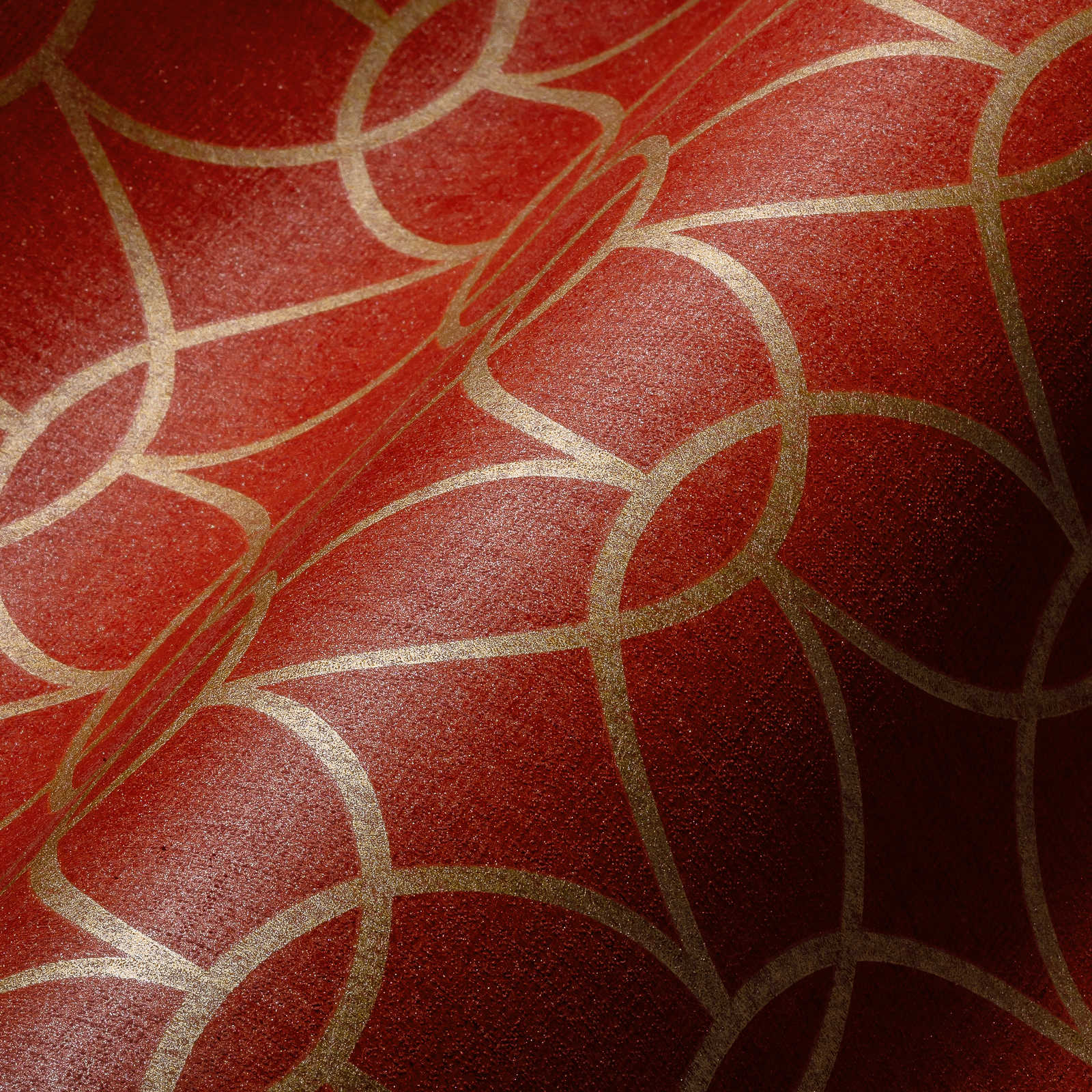 Vliestapete geometrisches Goldmuster &amp; Schimmer-Effekt – Rot, Gold