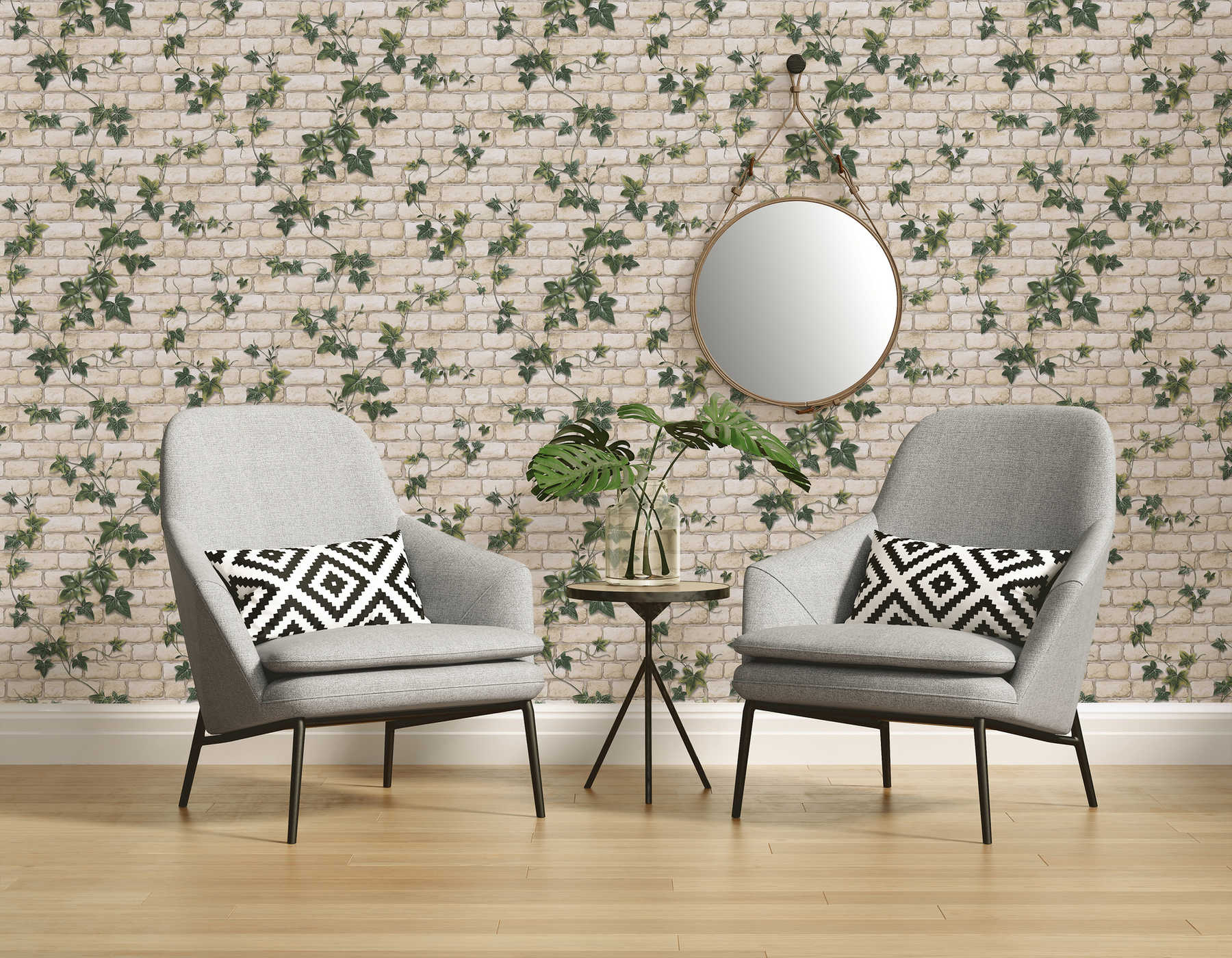            Tapete mit Mauerwerk & Efeu-Ranken, Steinoptik – Weiß, Grün
        