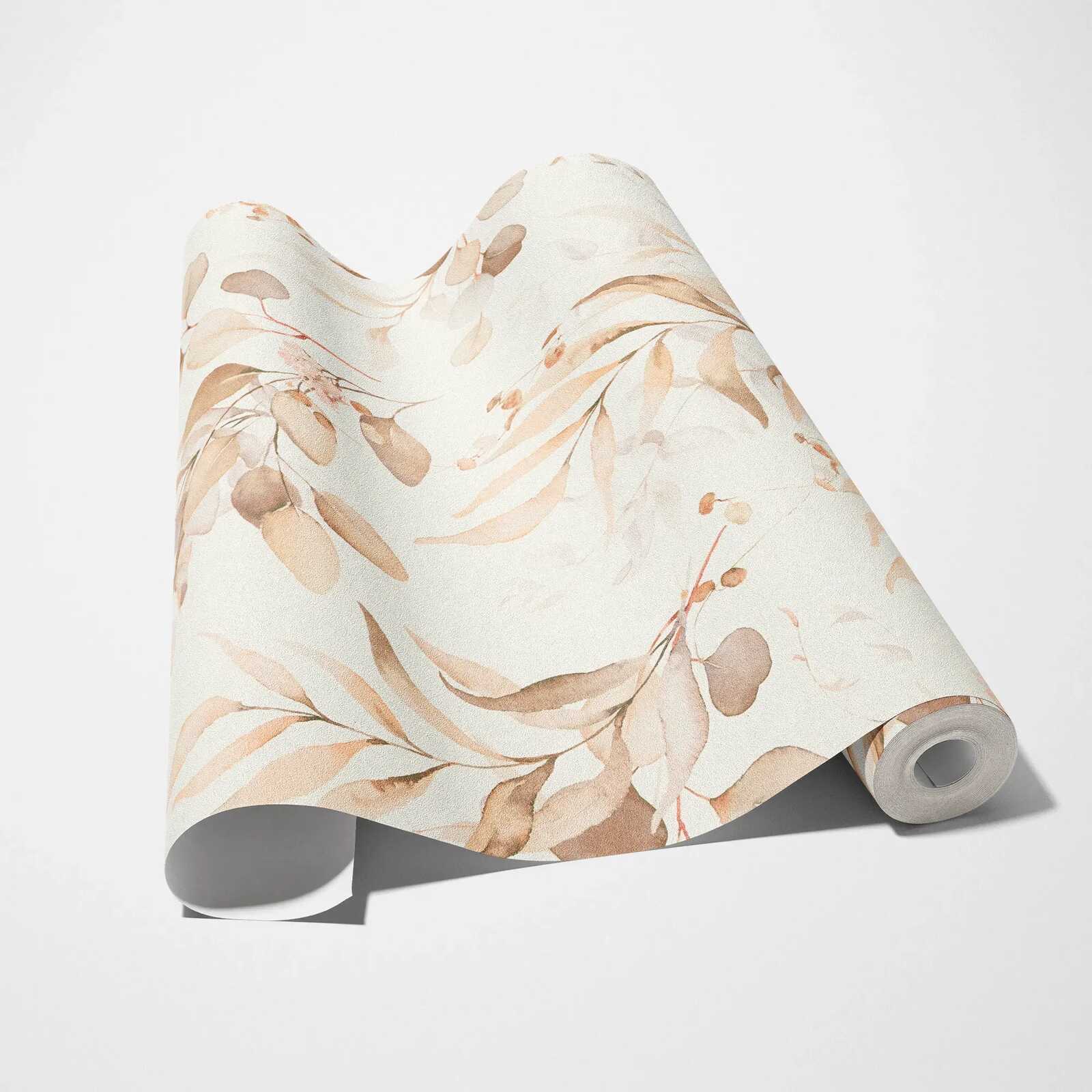             Vliestapete mit Aquarell Blatt-Motiv in warmen Farbtönen – Creme, Beige
        