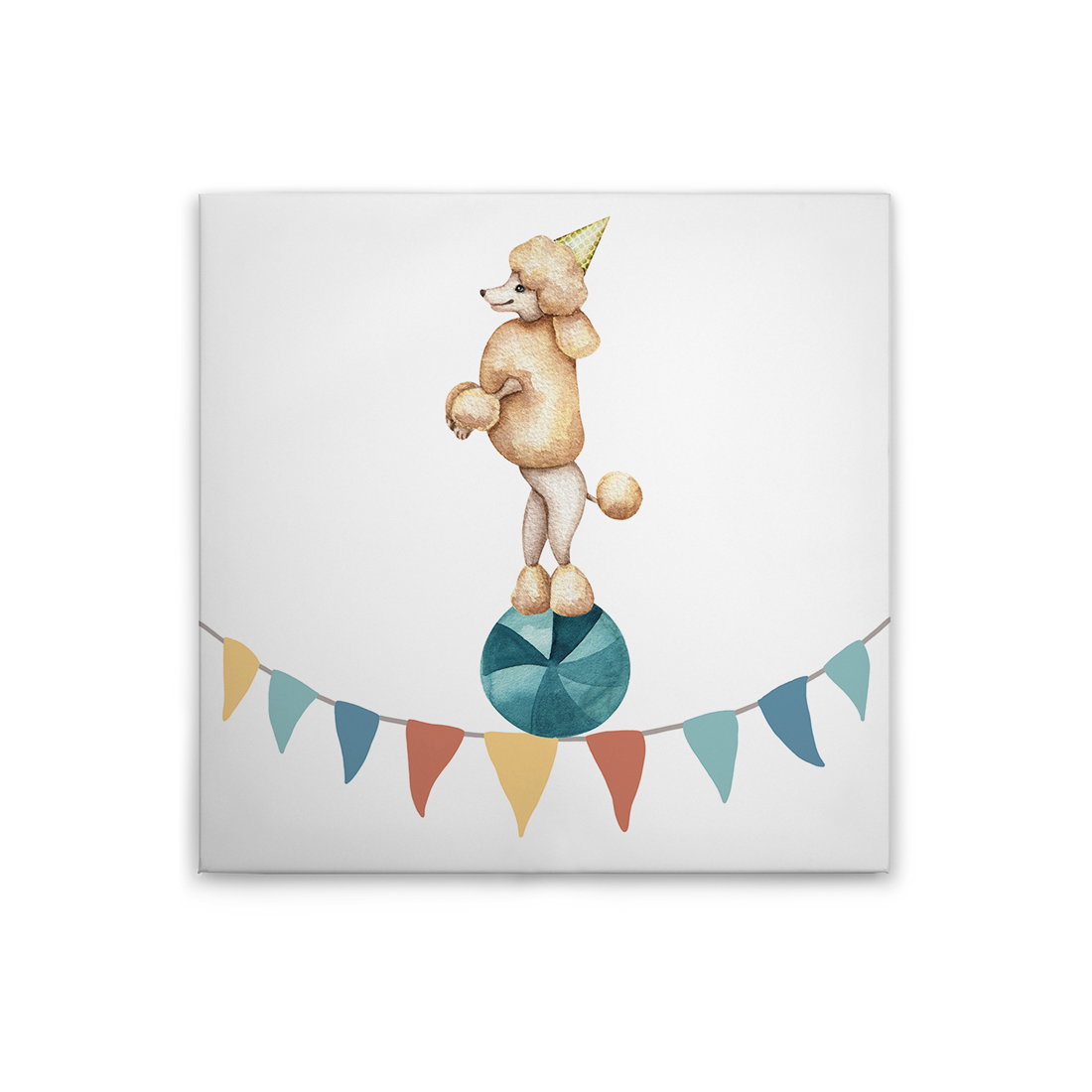 Leinwandbild Zirkuspudel auf Ball - Niedliches Tiermotiv für Kinderzimmerdekoration – 30 x 30 cm - Bunt, Blau