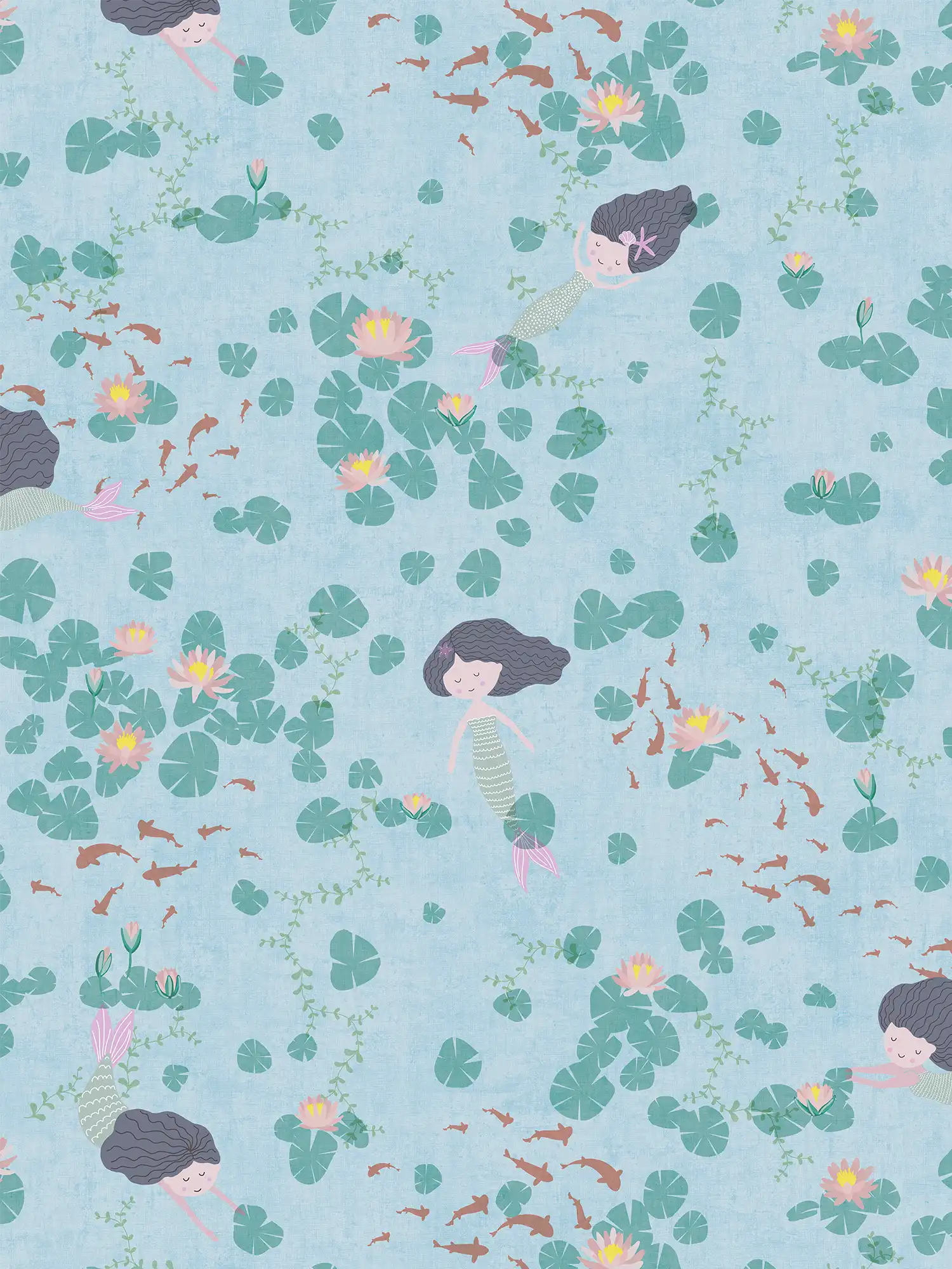             Kinderzimmer Vliestapete - Zauberhafte Unterwasserwelt mit Meerjungfrauen und Seerosen – Blau, Bunt, Grün
        