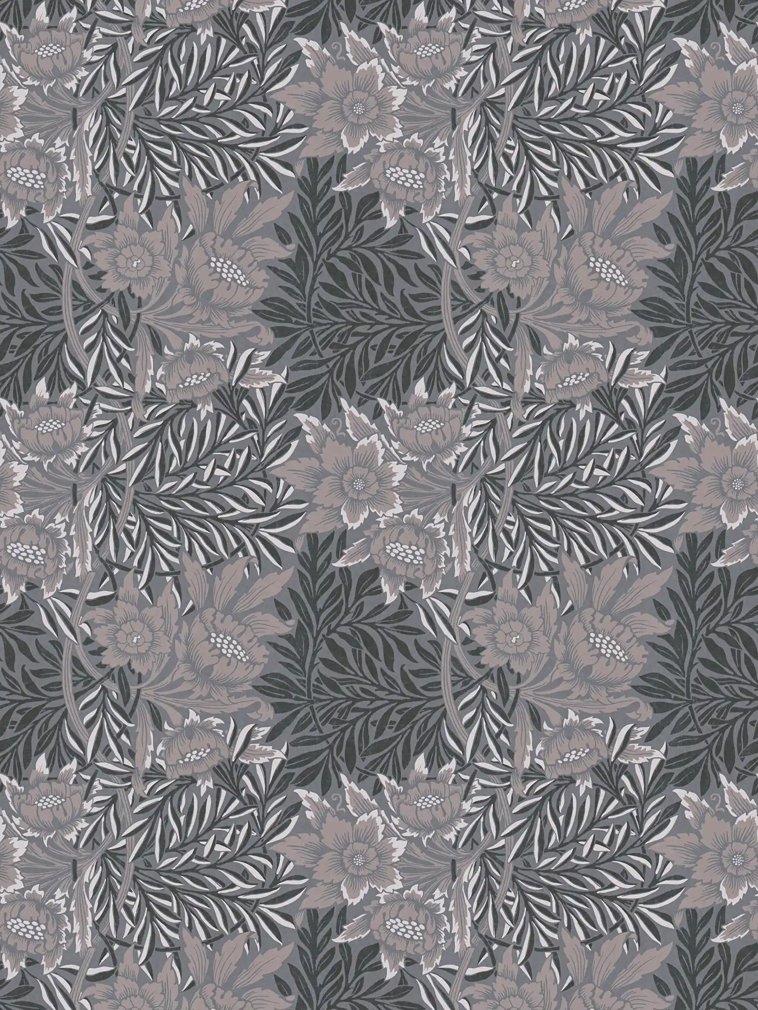 Florale Tapete mit großer Blüte und Blätterranken – Grau, Beige, Schwarz