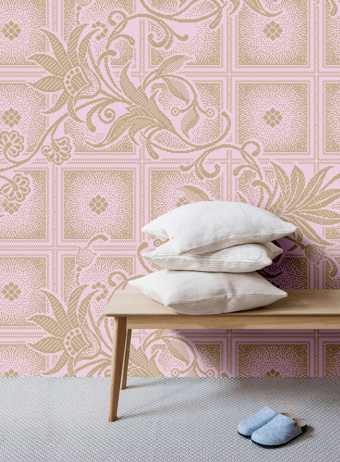             Fototapete »vivian« - Quadrate im Pixel-Stil mit Blumen – Rosa | Glattes, leicht glänzendes Premiumvlies
        