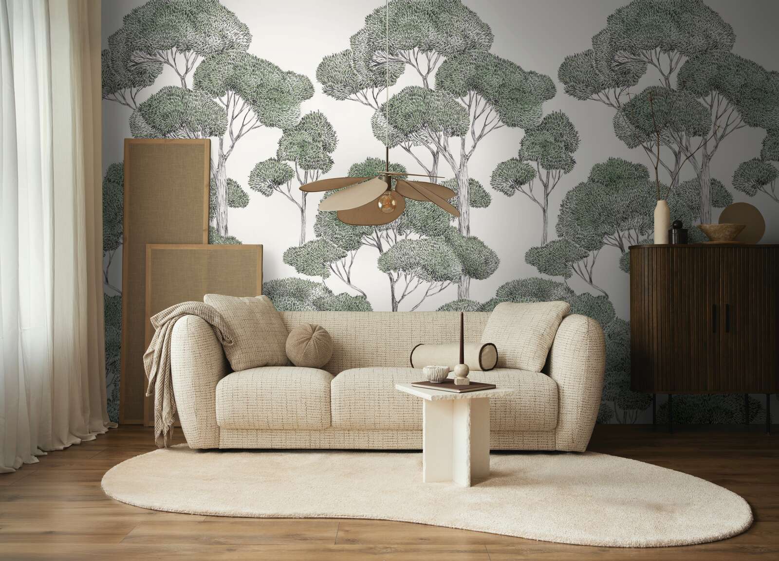 Sofa, Wohnzimmer, Beiger Stoff, Kissen, Wandtapete