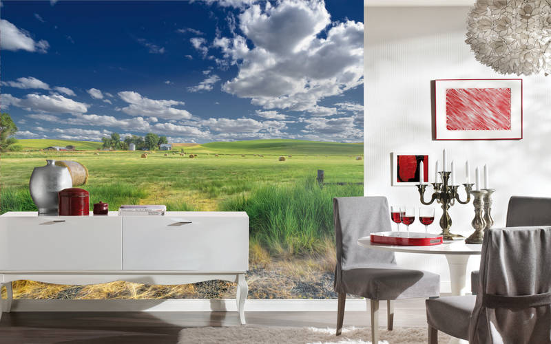 landscape mural, innere dekoration, esszimmer, neutrales grau stühle, rote akzente