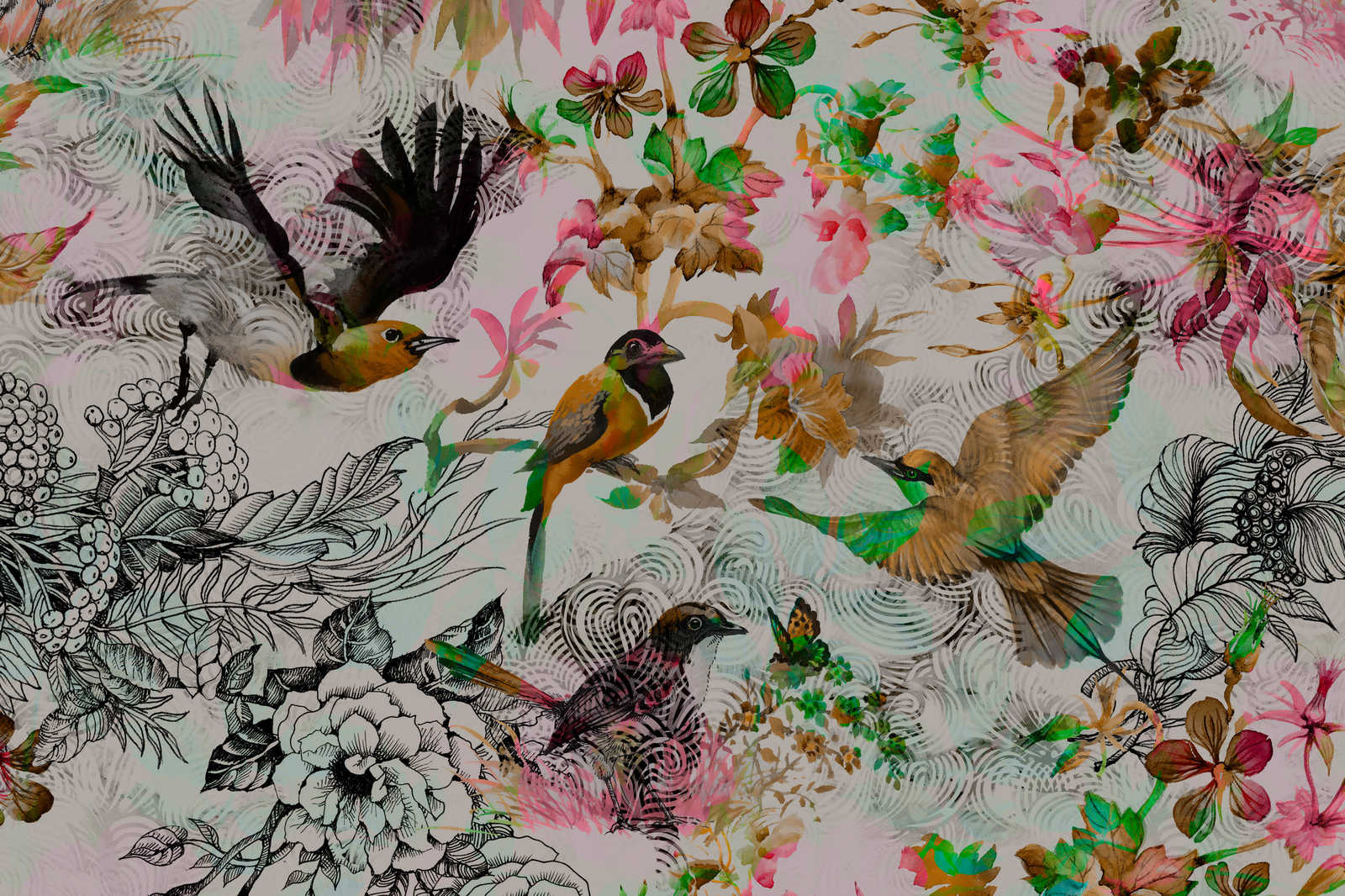 Leinwandbild Vögel &amp; Blumen im Collage Stil – 0,90 m x 0,60 m