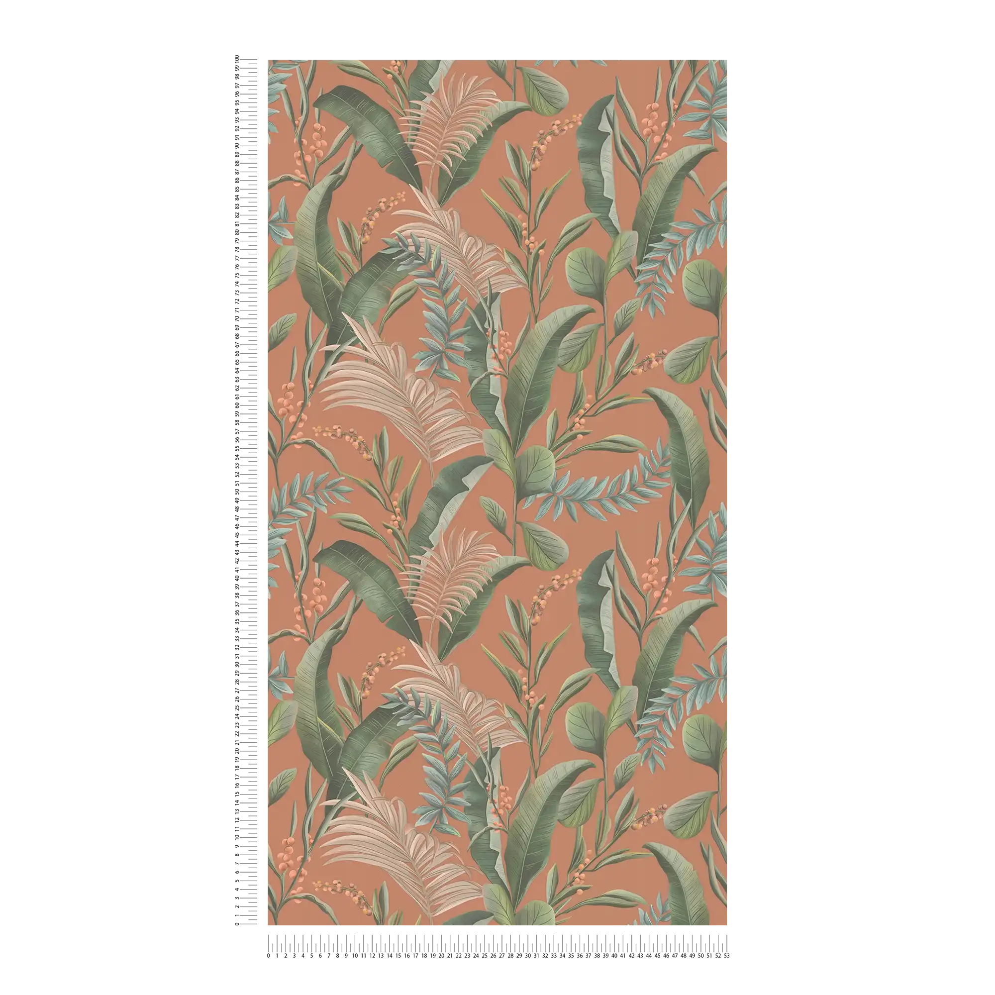             Florale Dschungeltapete mit Blättern matt strukturiert – Orange, Rot, Grün
        