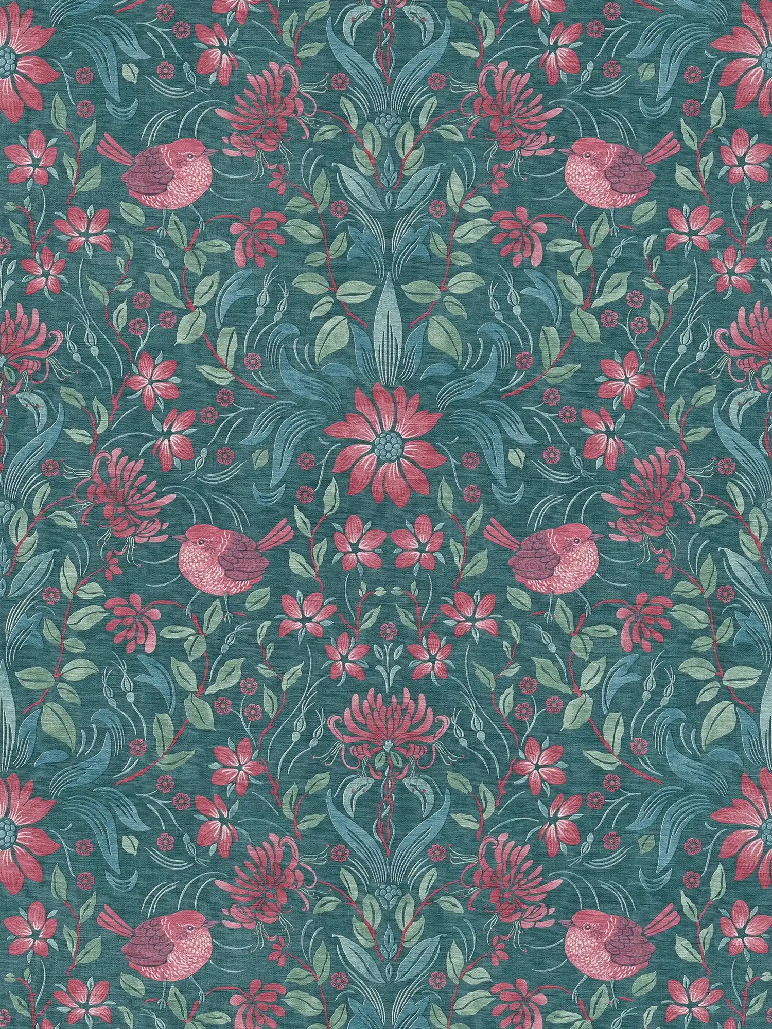         Papier peint intissé floral avec fleurs & oiseaux - vert foncé, rose, vert
    