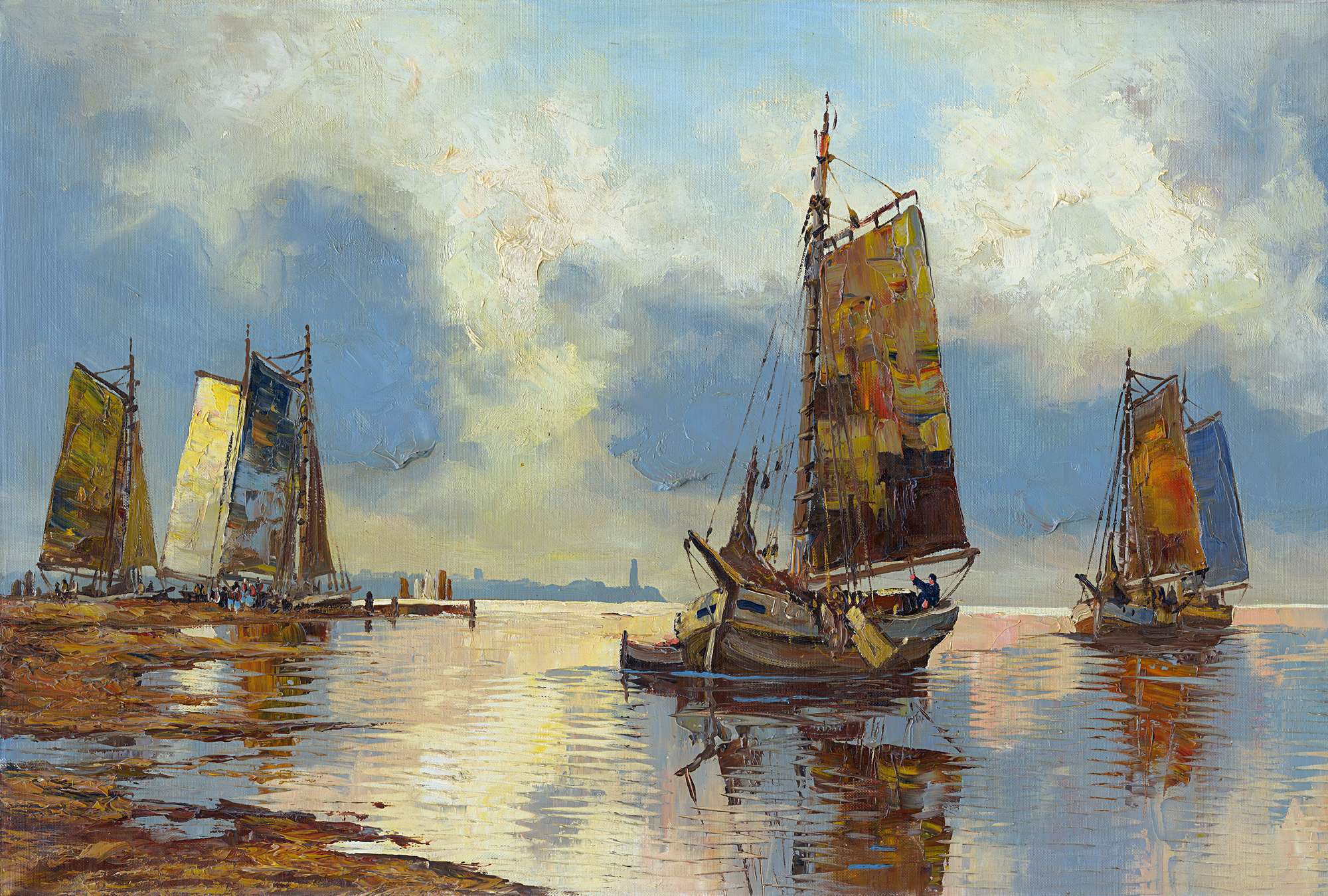 segelschiff, boot, meer, reflexion, malerei