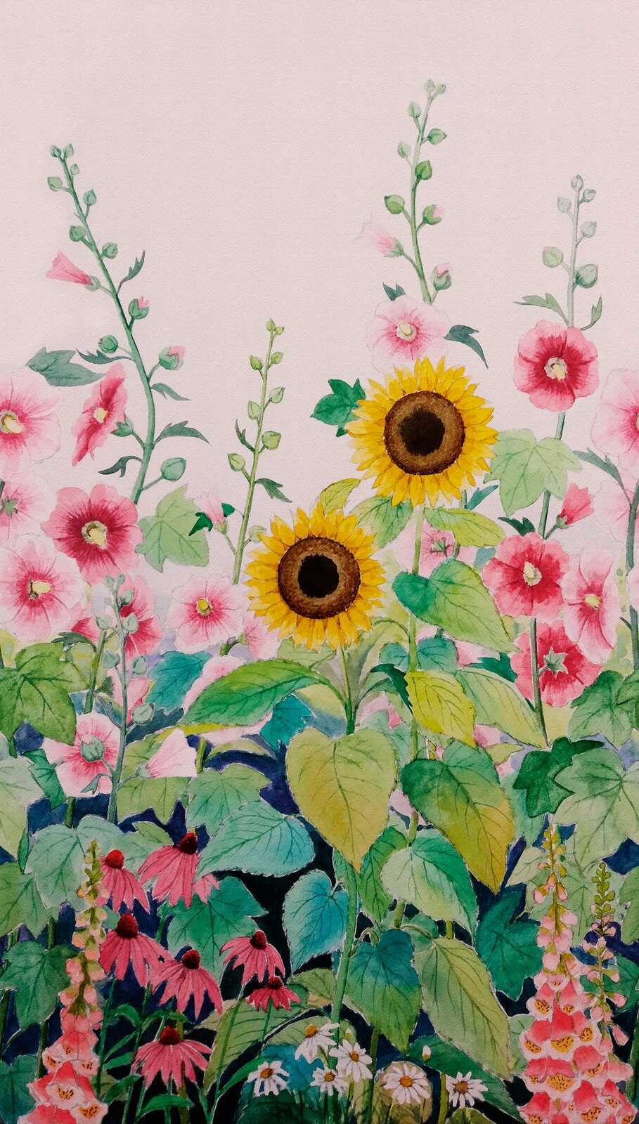             Bunte Blumenwiese Vliestapete mit Sonnenblumen und einer großflächigen Musterwiederholung – Rosa, Grün, Gelb
        