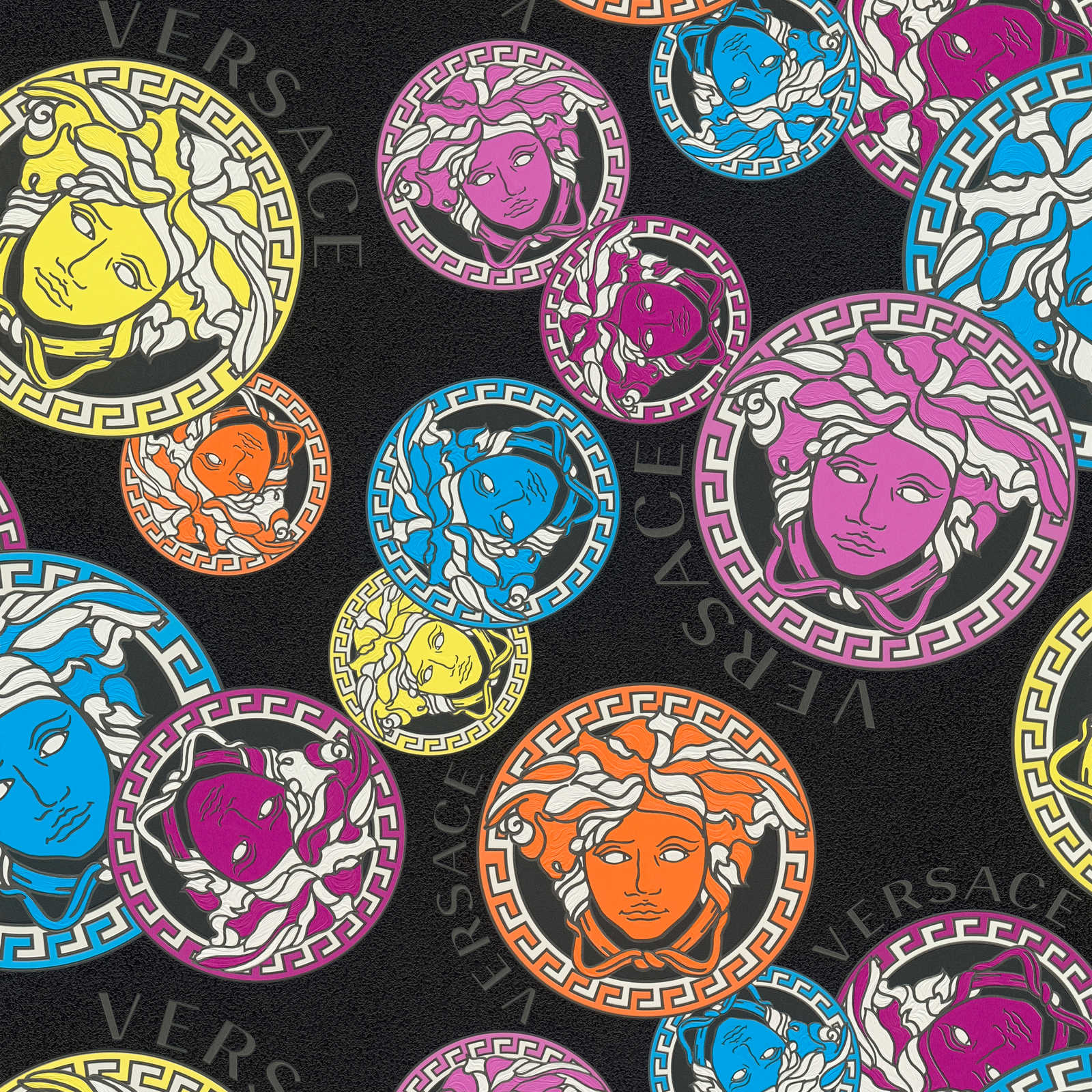 Schwarze VERSACE Tapete mit buntem Medusa Muster