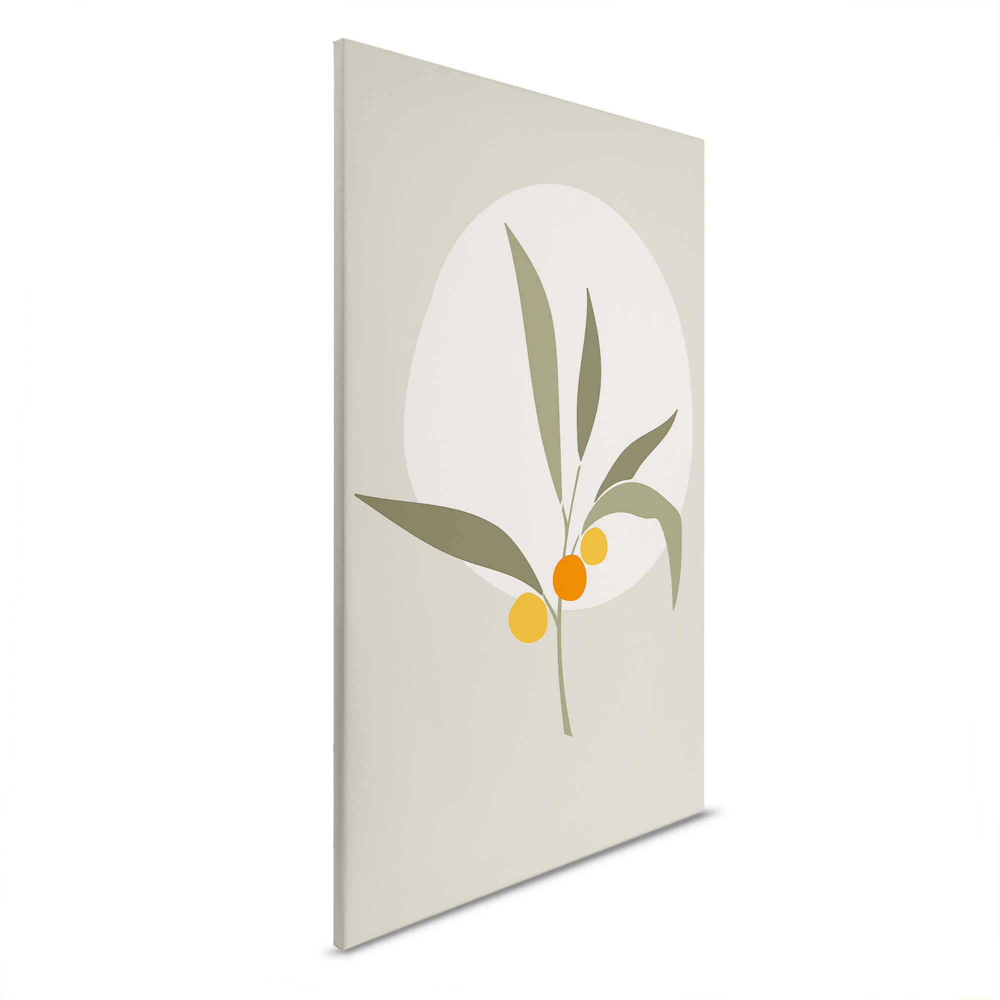             Leinwandbild - Minimalistischer Zweig mit Orangenakzenten ideal für die Küche – 30 x 45 cm - Grün, Creme
        