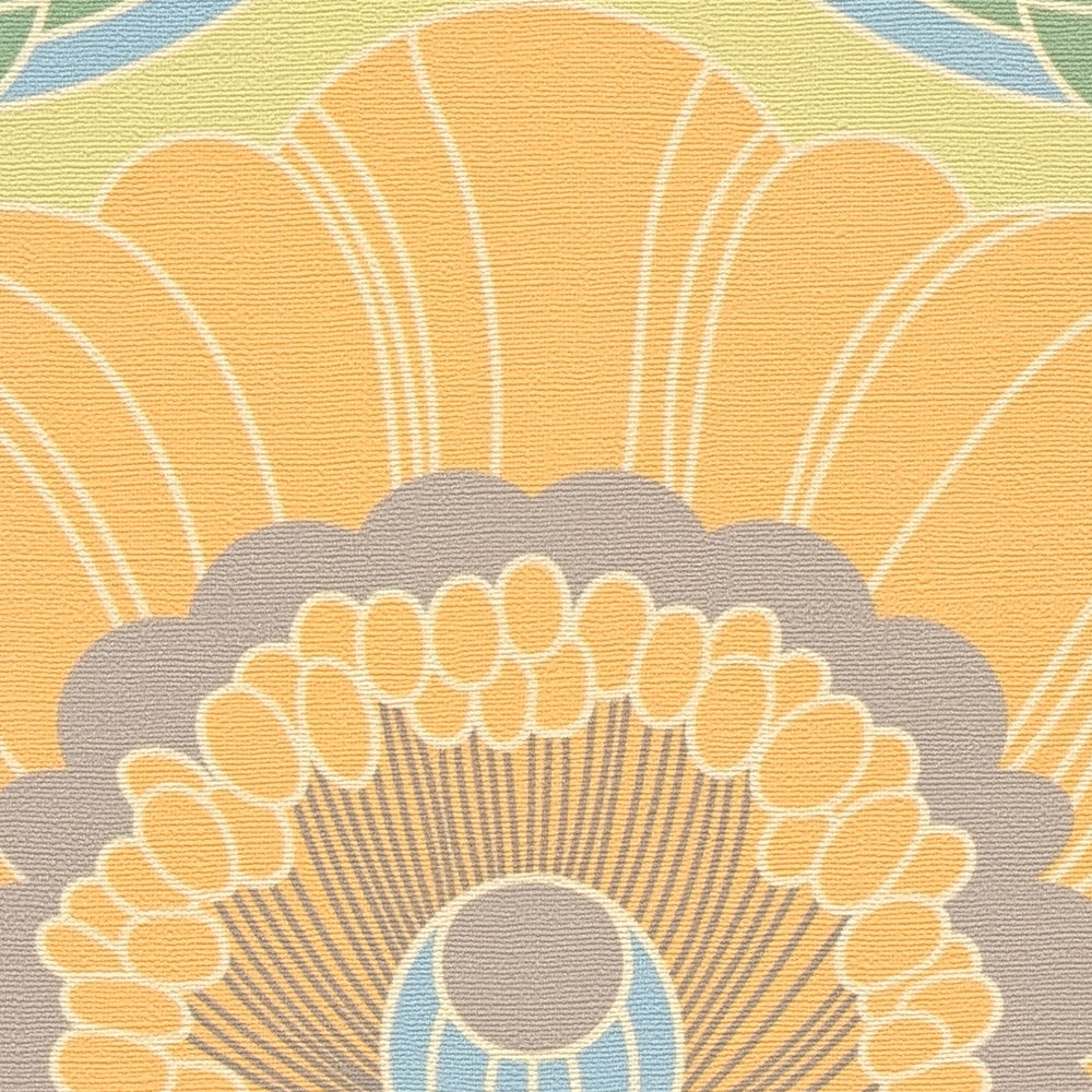            leicht strukturierte Retro Tapete mit floralem Muster – Blau, Gelb, Grün
        