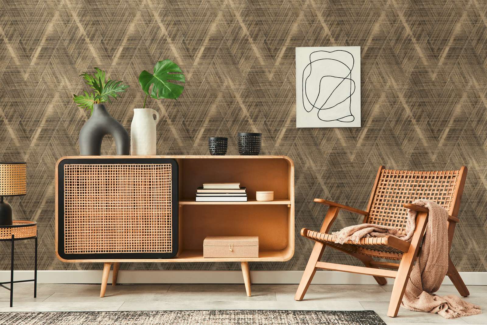             Ethno Tapete mit Rauten Design – Metallic, Schwarz
        