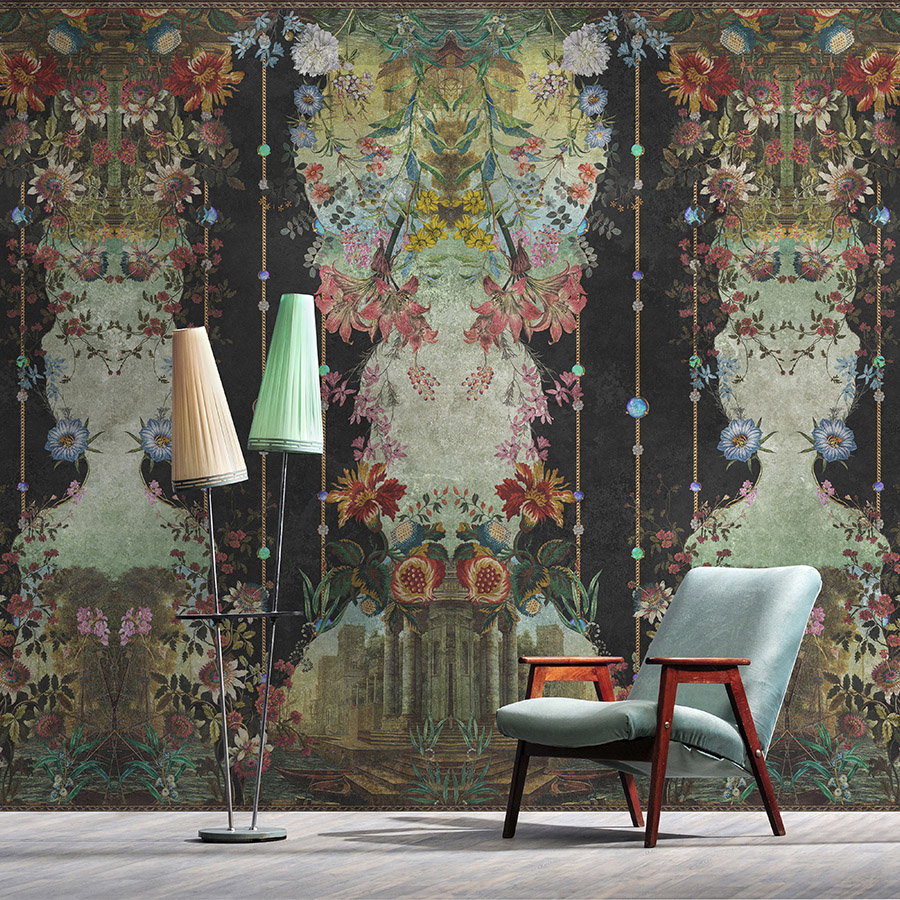 wandtapete, blumenmuster, tapetenstoff, lampe, sofastuhl