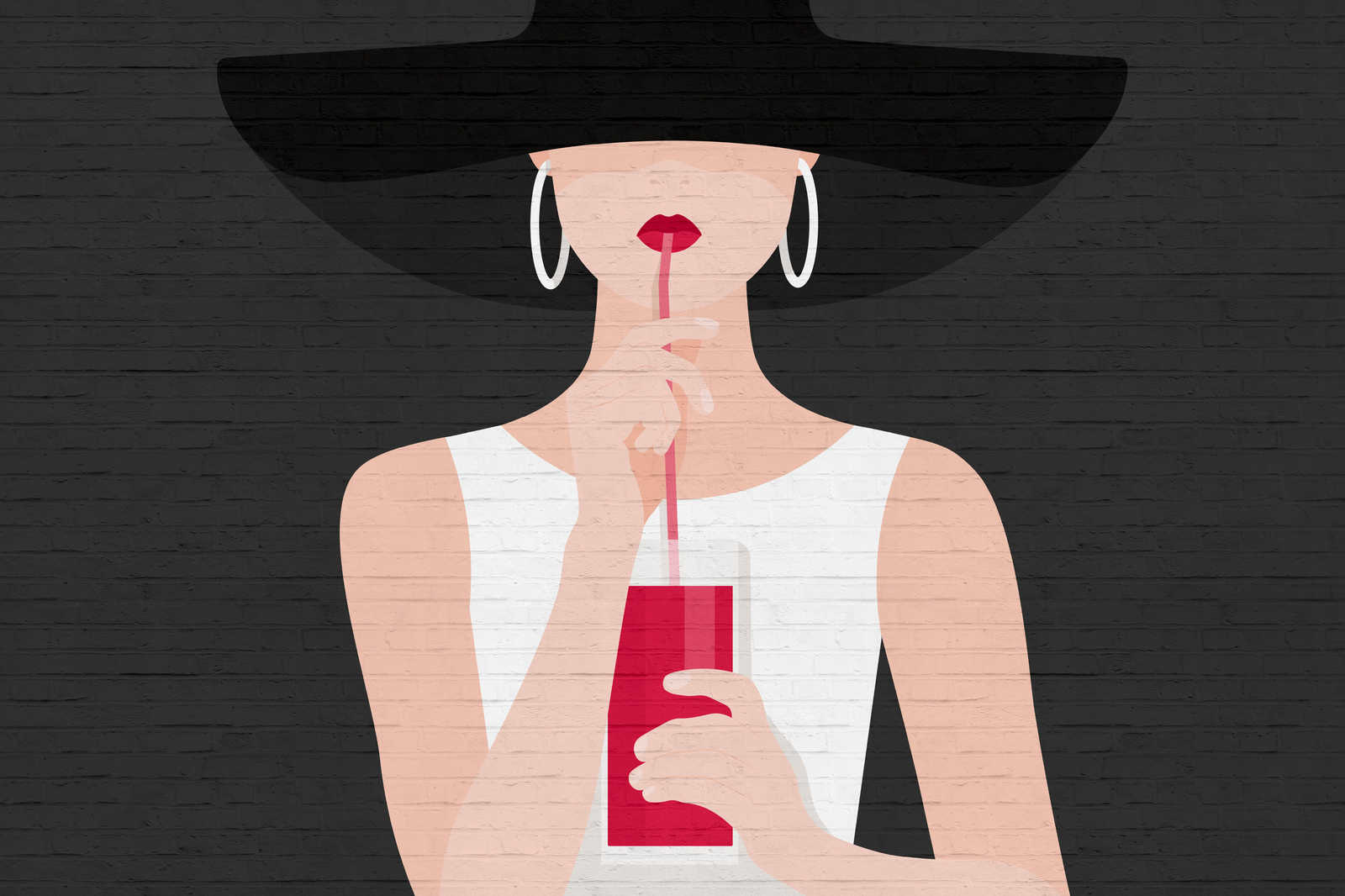             Schwarze Leinwandbild Frau mit Cocktail & Mauerwerk – 0,90 m x 0,60 m
        