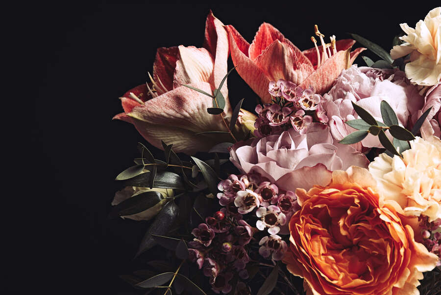             3D Blumenbouquet Fototapete mit dunklem und elegantem Hintergrund als Vliestapete – Bunt
        