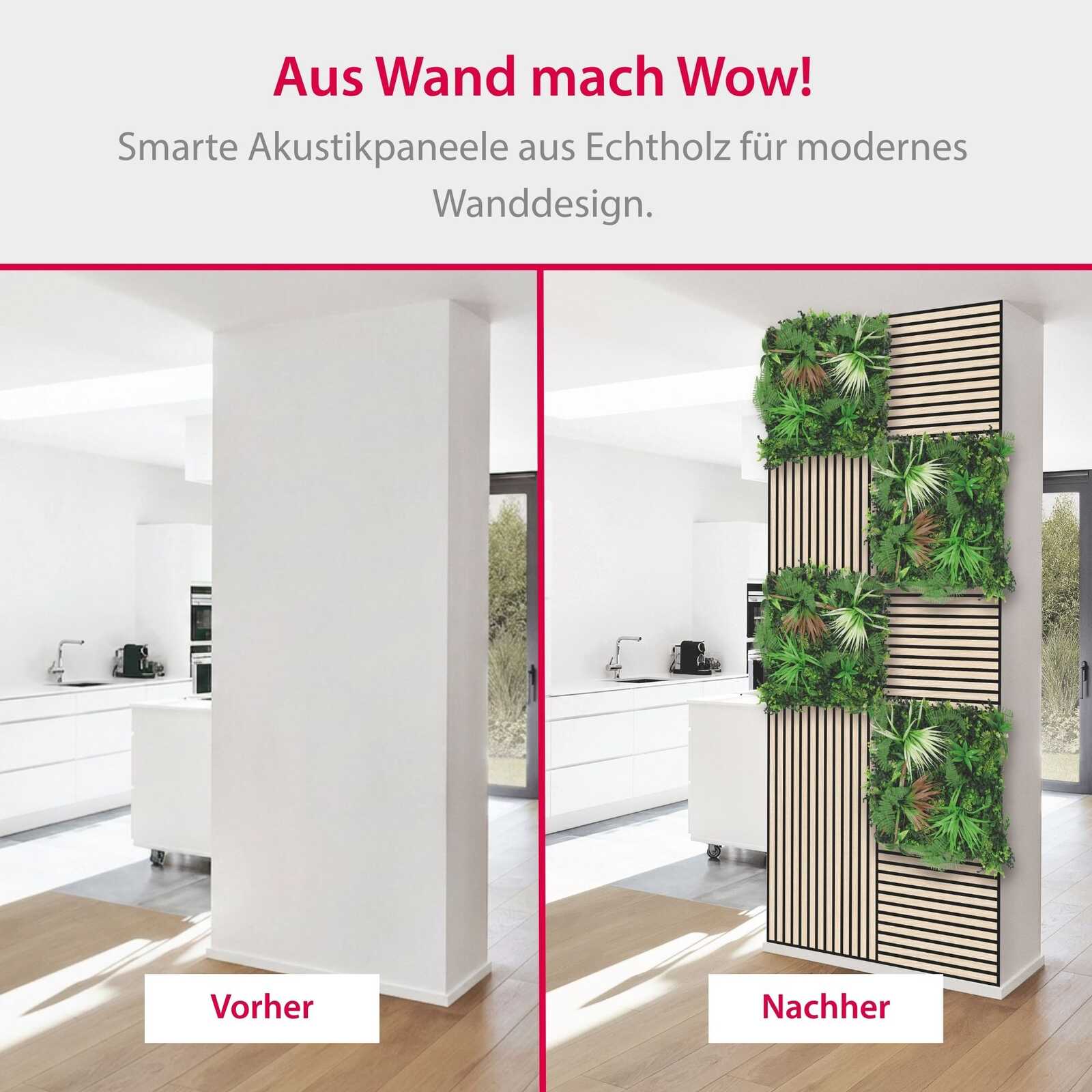 Akustikpaneel, Wandpaneel, Holzoptik, Grünpflanzen, Raumschmuck