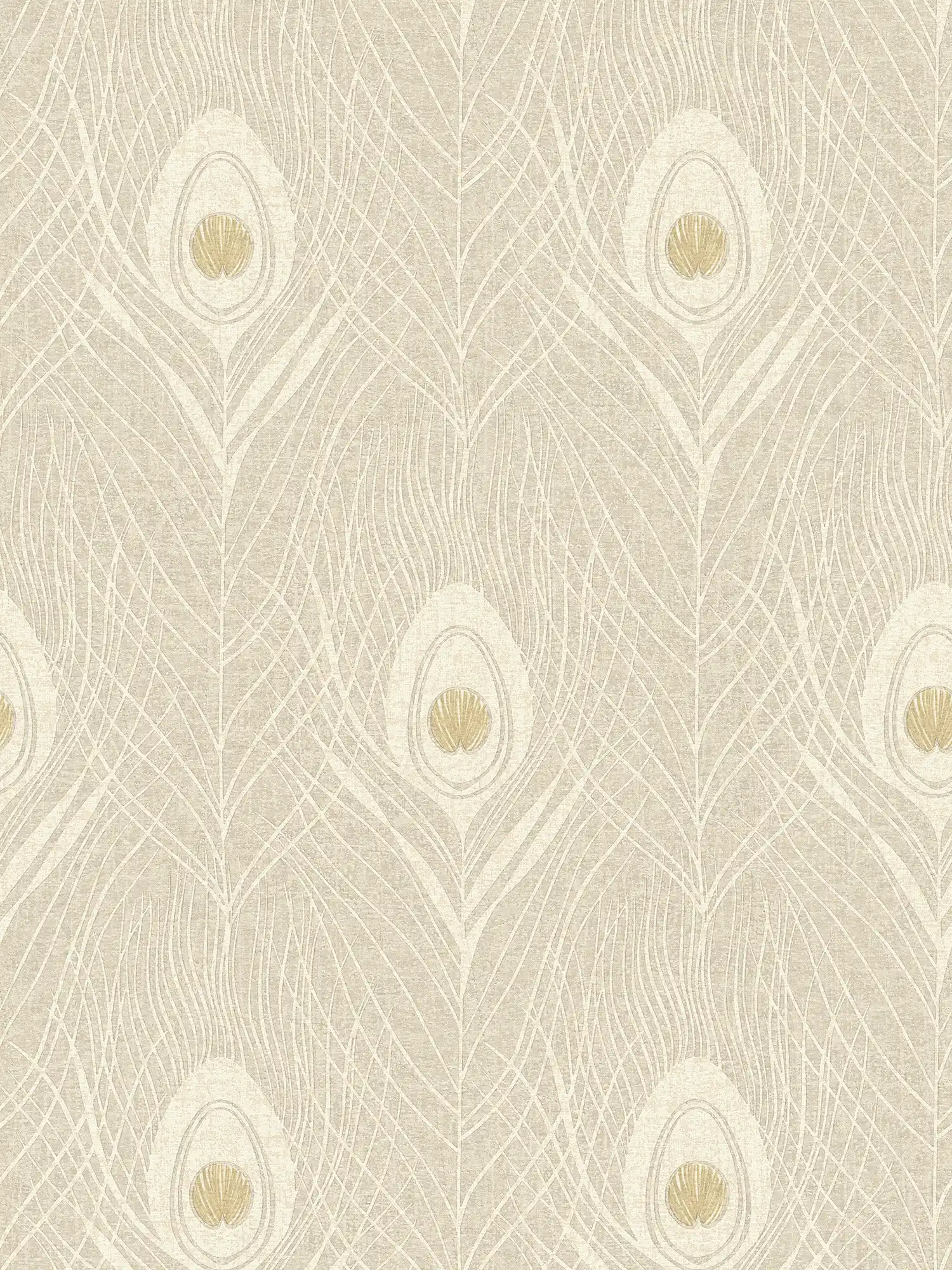         Sand coloured non-woven wallpaper with peacock feathers - beige, gold, grey
    