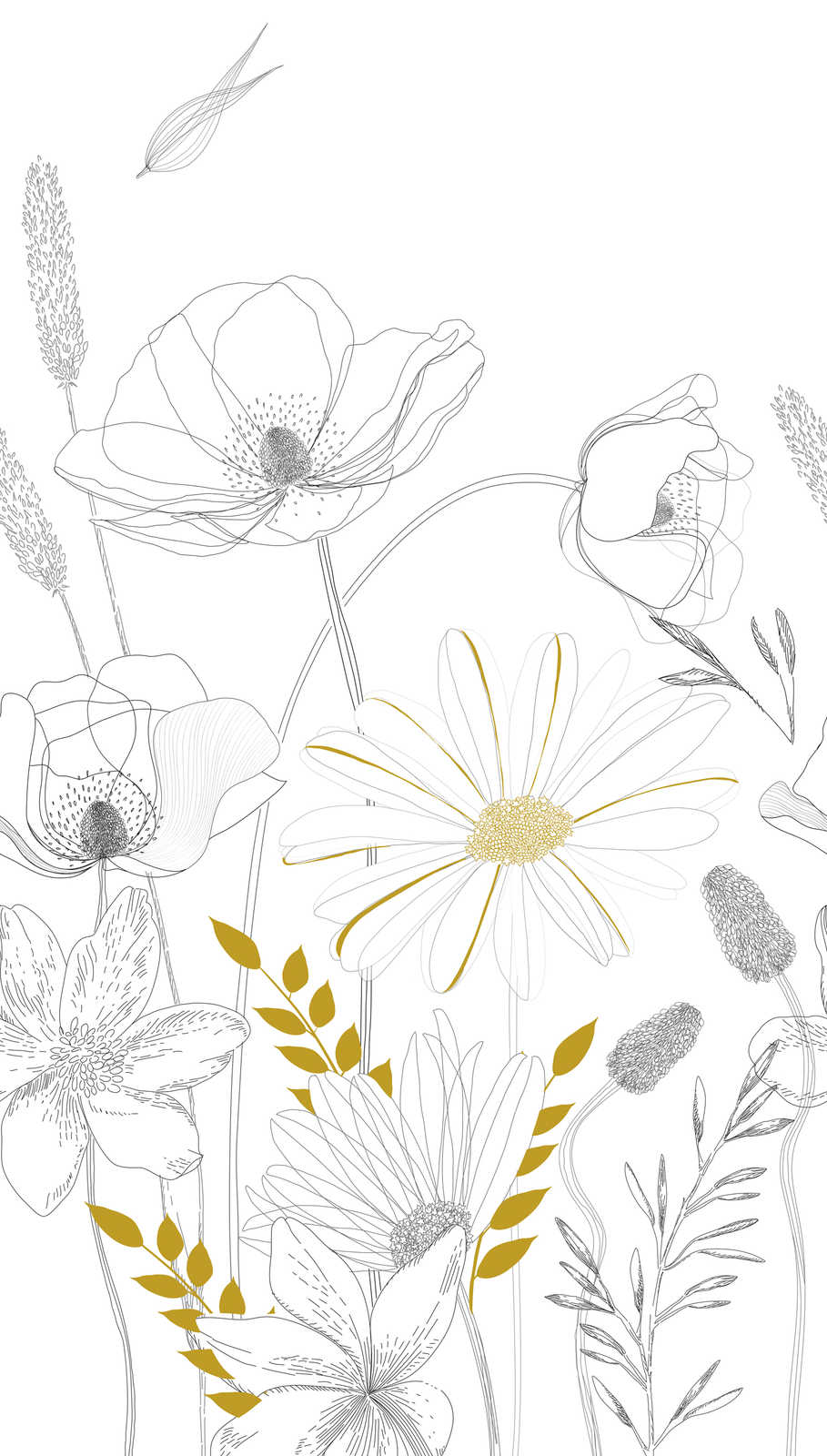             Gezeichnete Blumenmotiv Tapete mit Farbakzenten – Weiß, Schwarz, Gelb
        