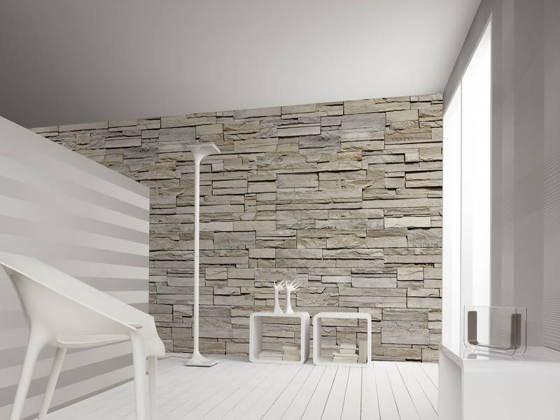 stone wall, modern interior, floor lamp, white furniture, decorative stools