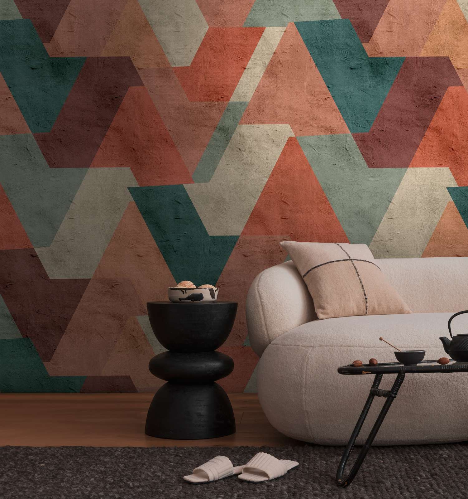 Vintage Vliestapete mit großflächigem Chevron-Muster – Orange, Grün, Petrol