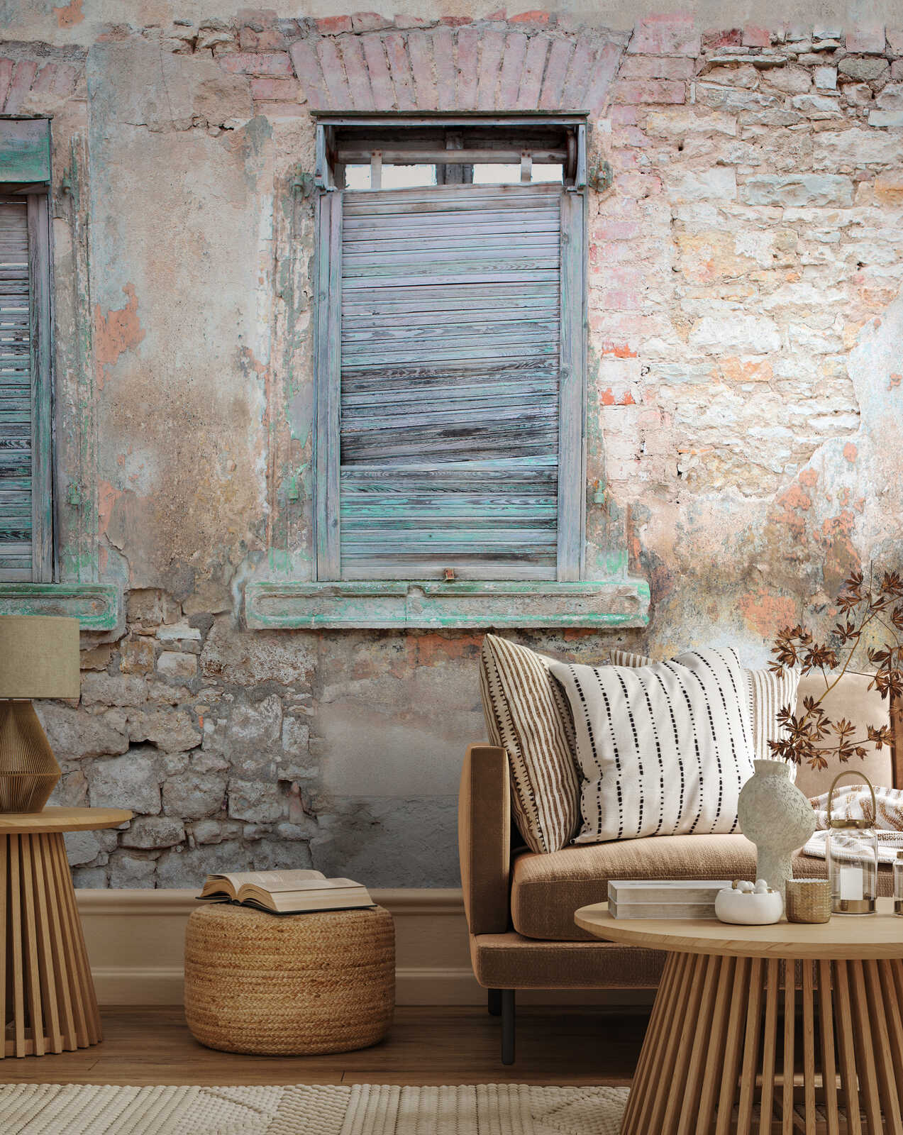 kaminwand, altbauwand, shabby-chic, leder sofa, komfortzimmer