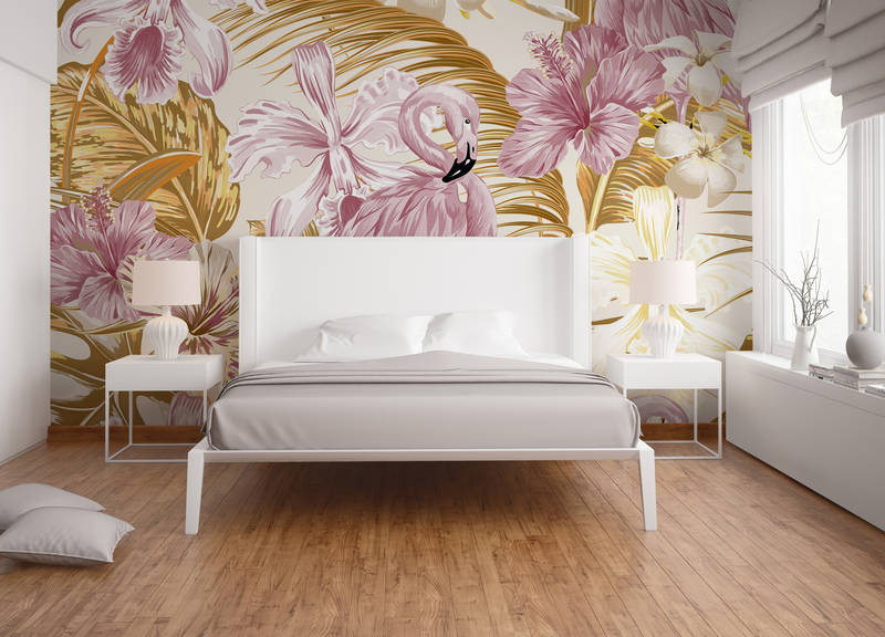             Flamant rose et plantes tropicales - orange, rose, blanc
        