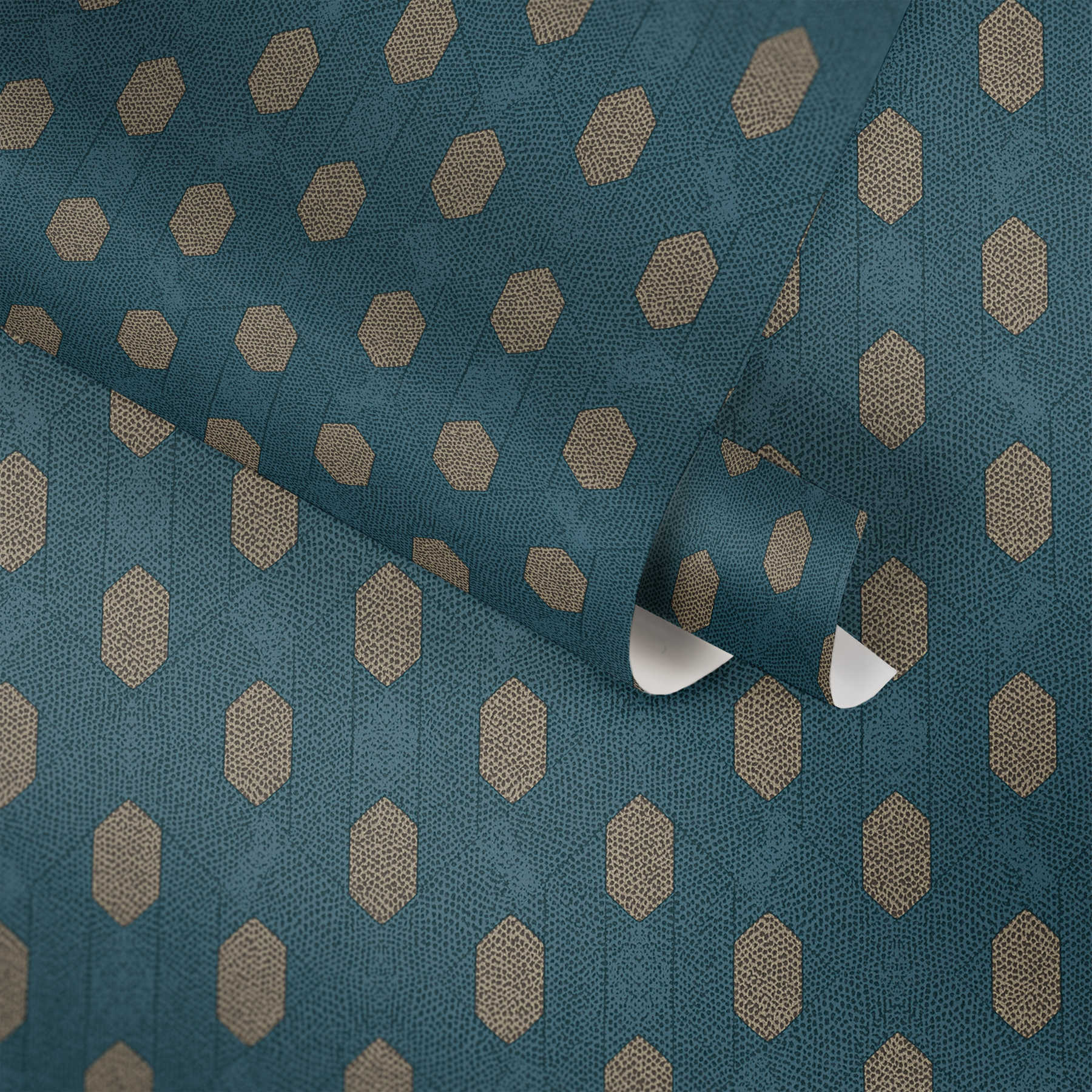 Blaue Tapete mit geometrische Muster &amp; Gold Details – Blau, Braun, Beige