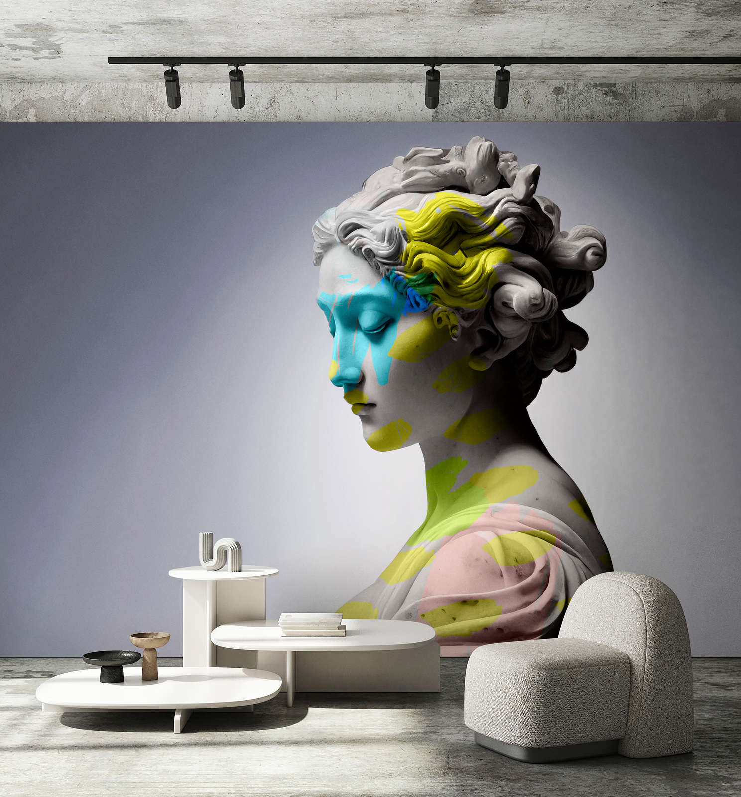 Photo wallpaper »clio« - female sculpture with colourful accents - Smooth, slightly shiny premium non-woven fabric