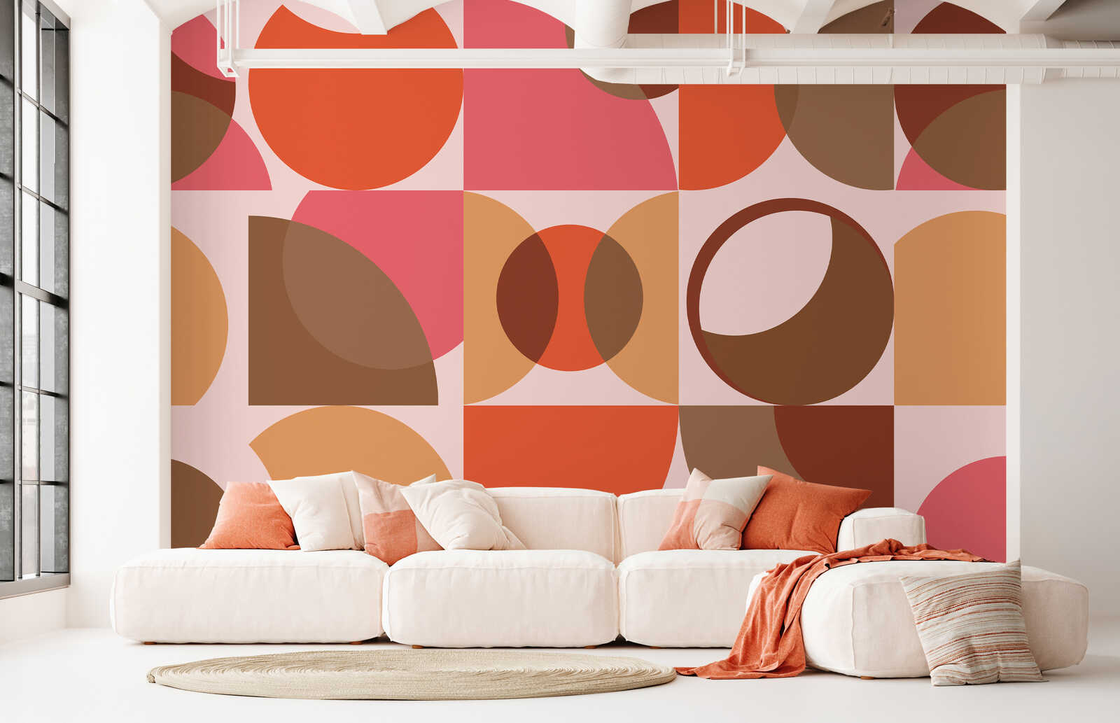 Wohnzimmer, Wandtapete, Geometrisches Muster, Farben: Orange, Sofa