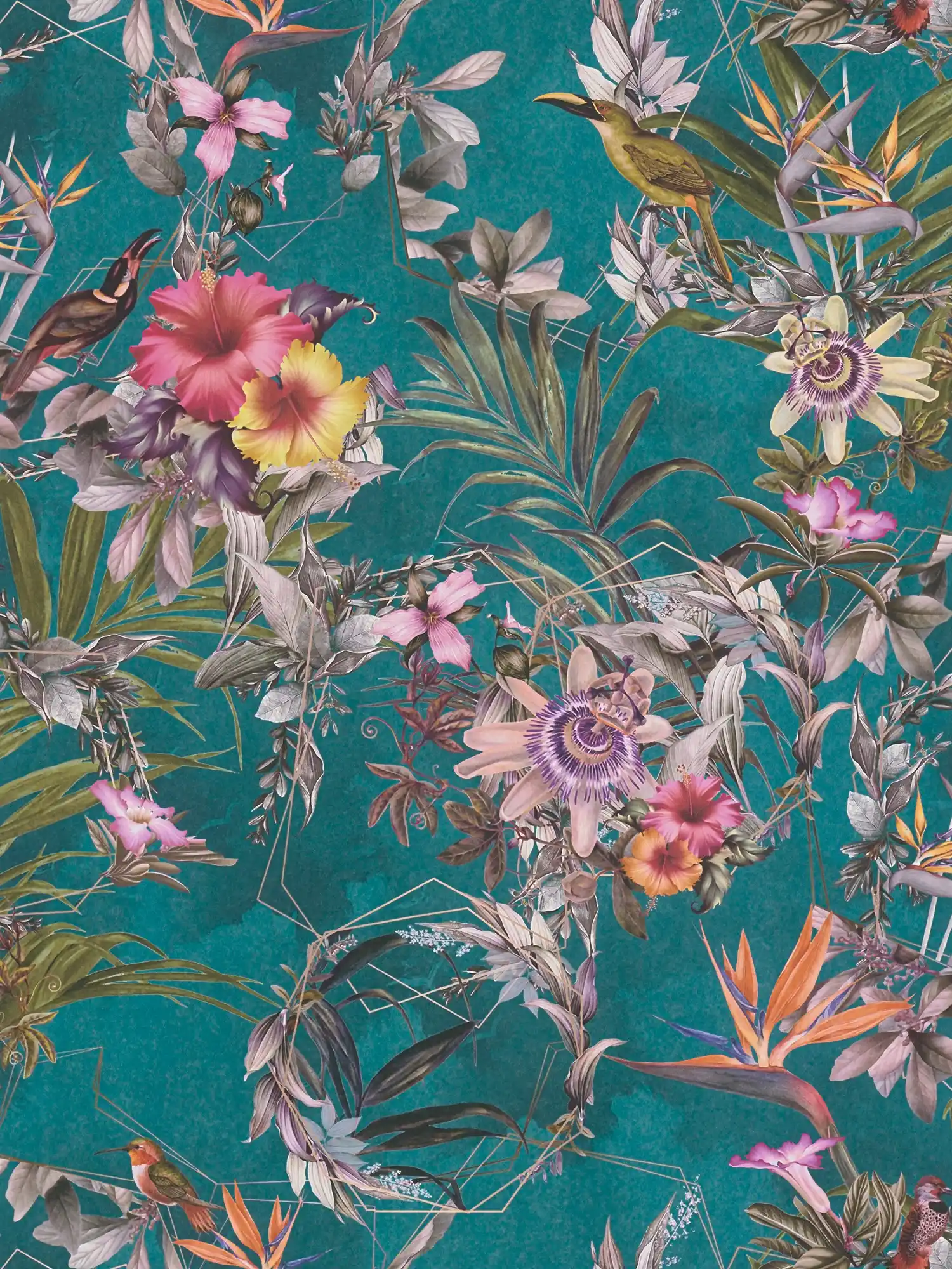         Jungle wallpaper tropical flowers & birds - turquoise, green, colourful
    