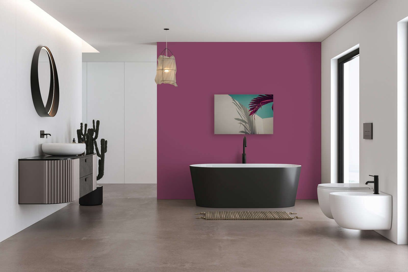 Leinwandbild mit Palmblatt und Schatten an Betonwand – 0,90 m x 0,60 m