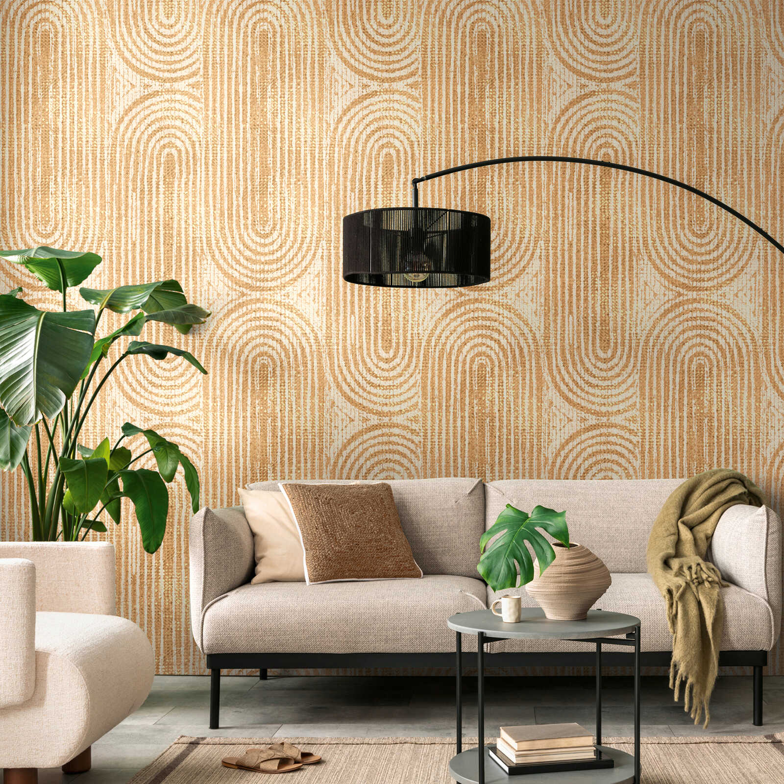         papier peint en papier intissé rétro années 70 à motifs géométriques avec une répétition de motifs à grande échelle - orange, beige
    