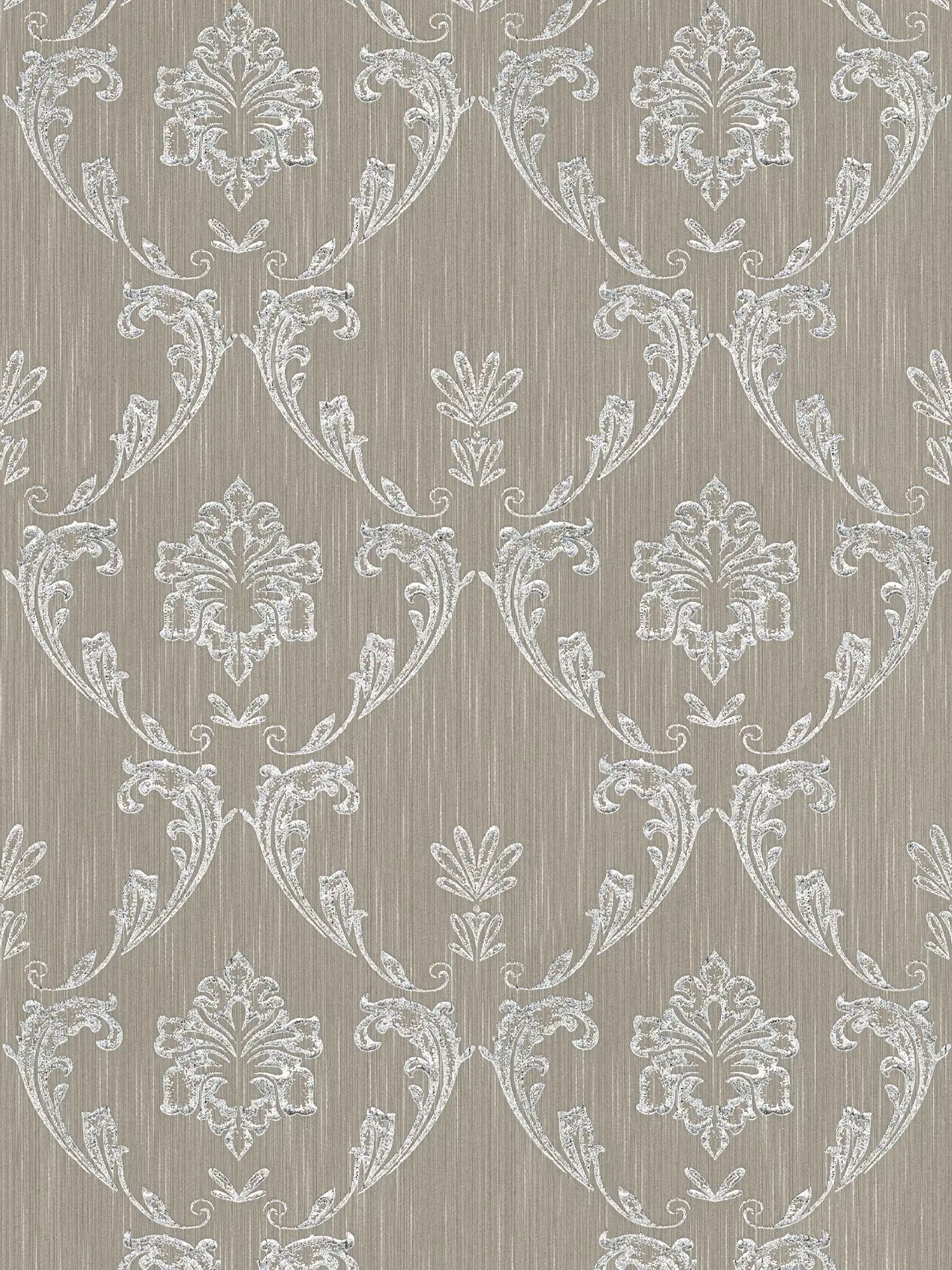         Real textile wallpaper with ornaments finished with silver foil - silver, grey, brown
    
