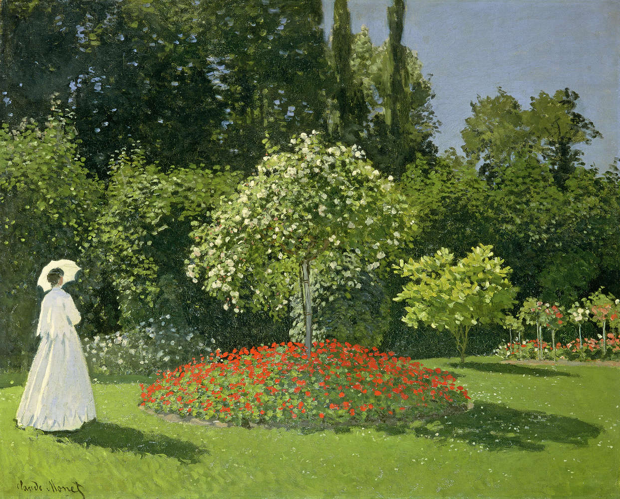 impressionist Garten, Frau Regenschirm, weißes Kleid, Blumenbeet, Rosenbaum