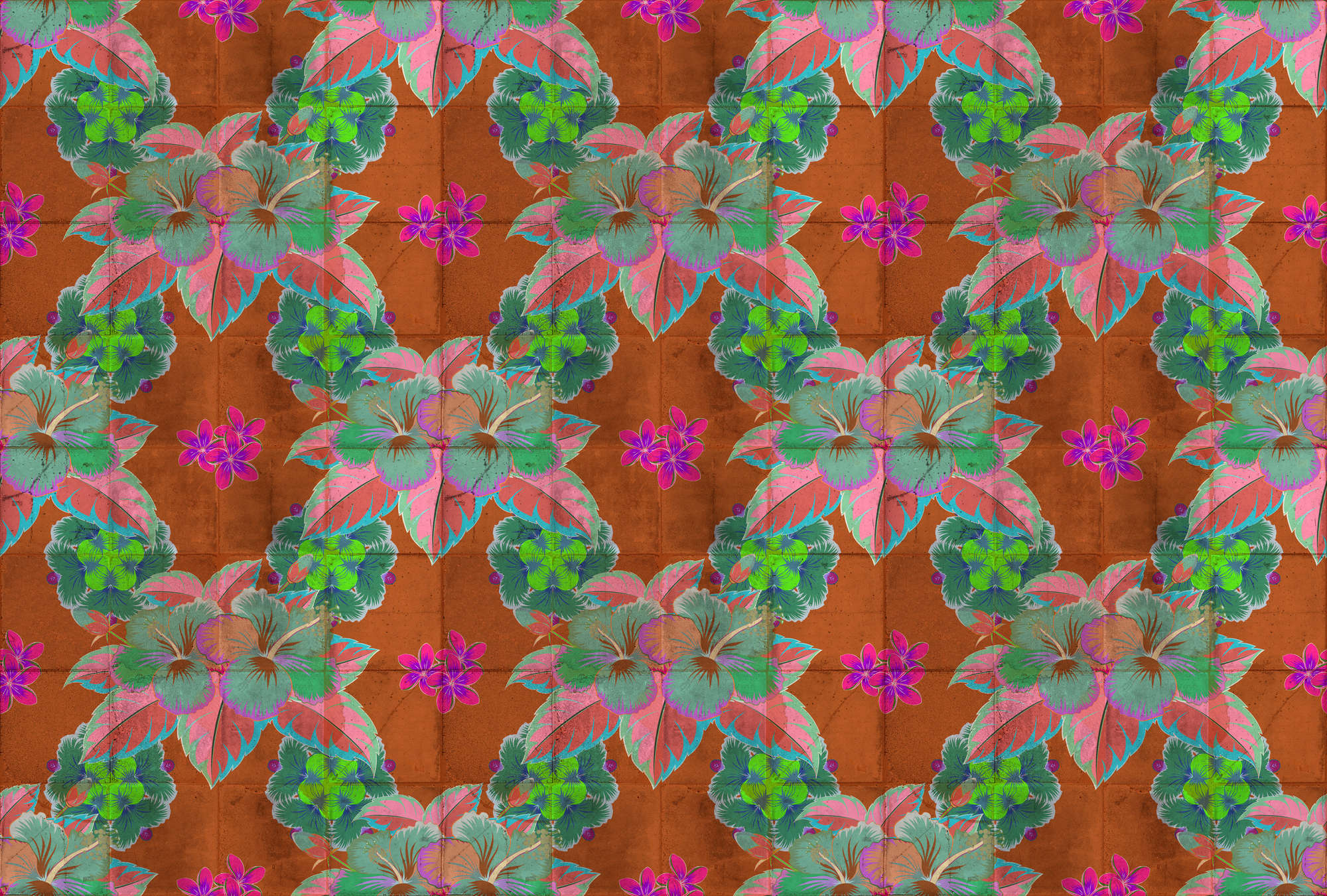 Photo wallpaper »pierre« - Leaf design with kaleidoscope effect on concrete tile structure - Smooth, slightly shiny premium non-woven fabric